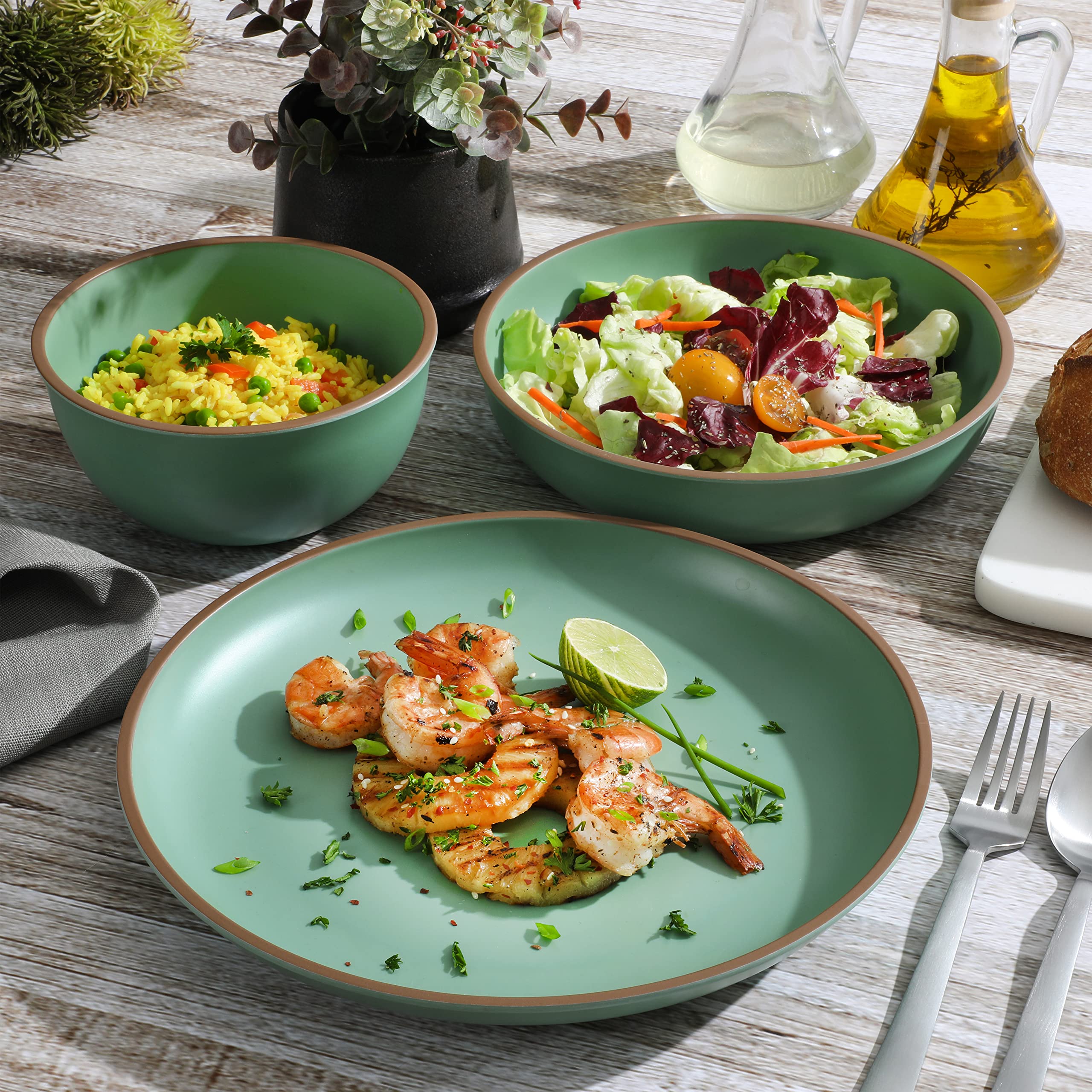 Gibson Home Rockabye 12 Piece Double Bowl Melamine Dinnerware Set - Matte Green