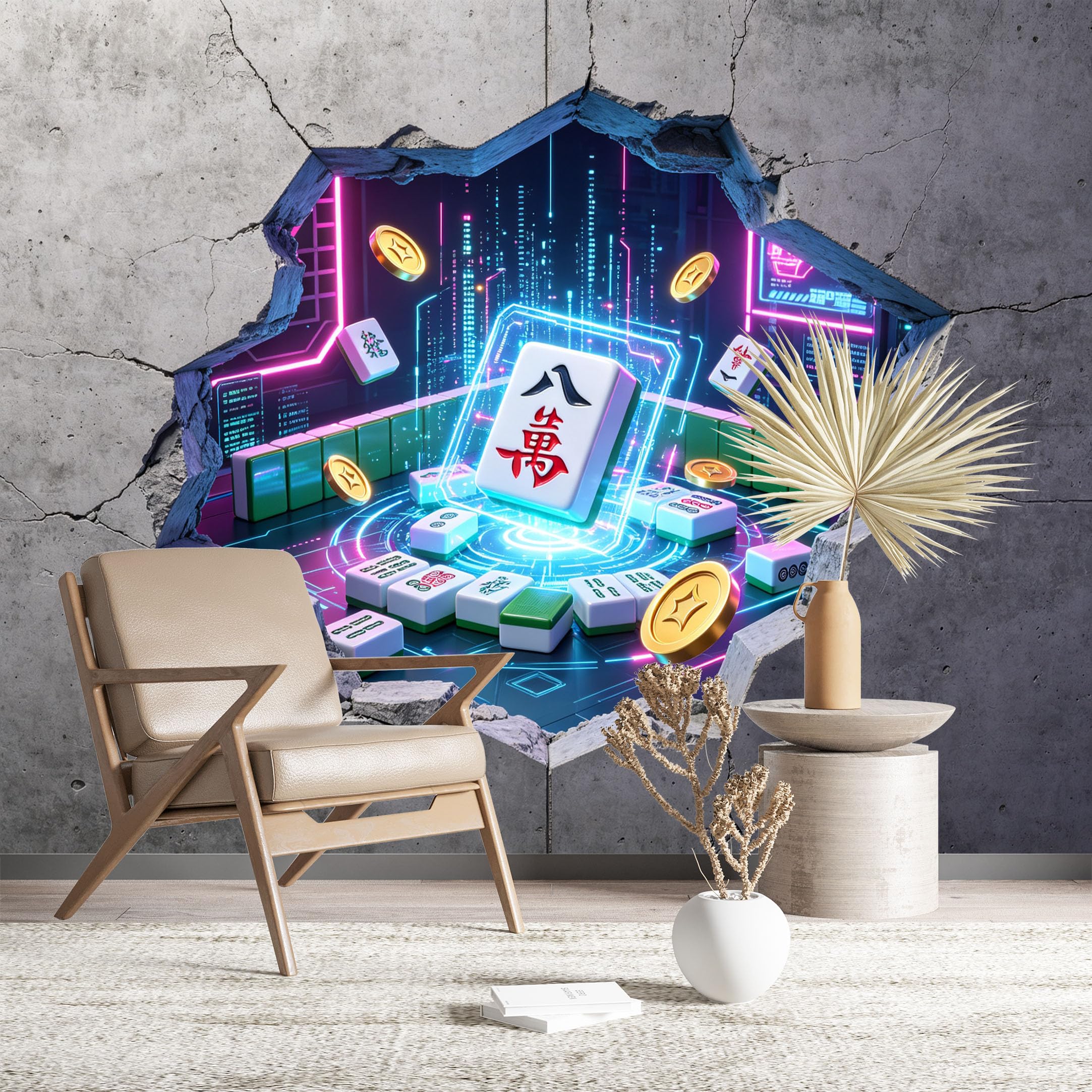 Custom Size Wall Murals Cyber Mahjong Seen Through Cracked Wall Vivid Self-Adhesive Wall Fabric (NO PVC) Removable Wallpaper for Game Room Bedroom