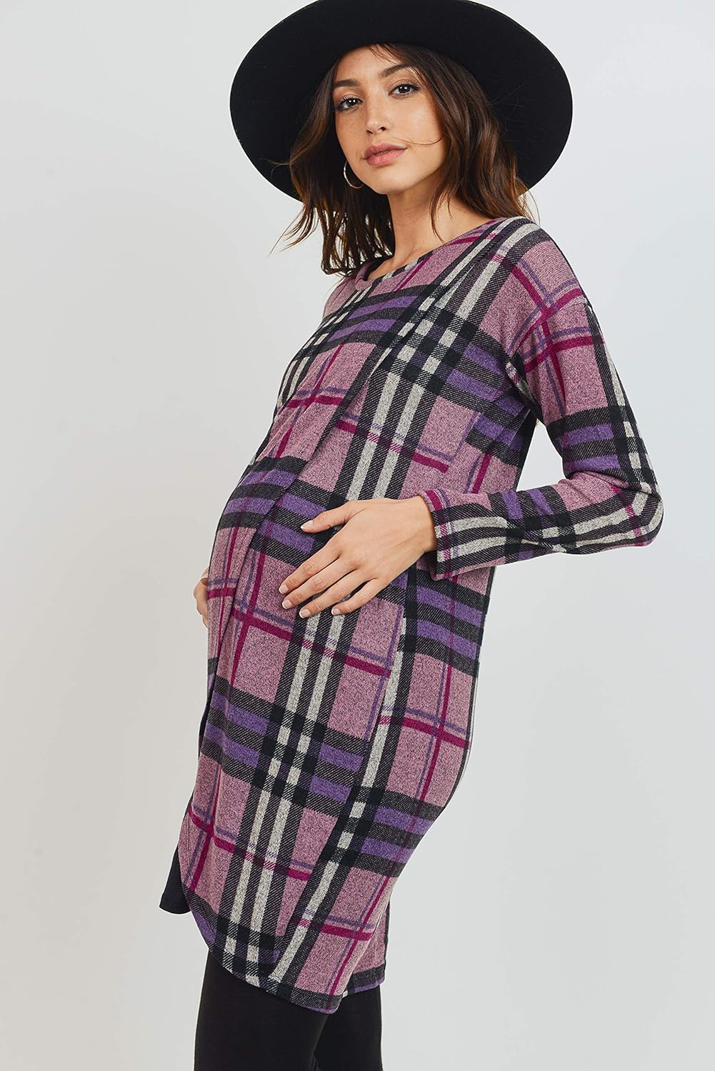 HELLO MIZ Women's Sweater Knit Long Sleeve Maternity Nursing Tunic Dress (Purple Plaid/Black, XL)