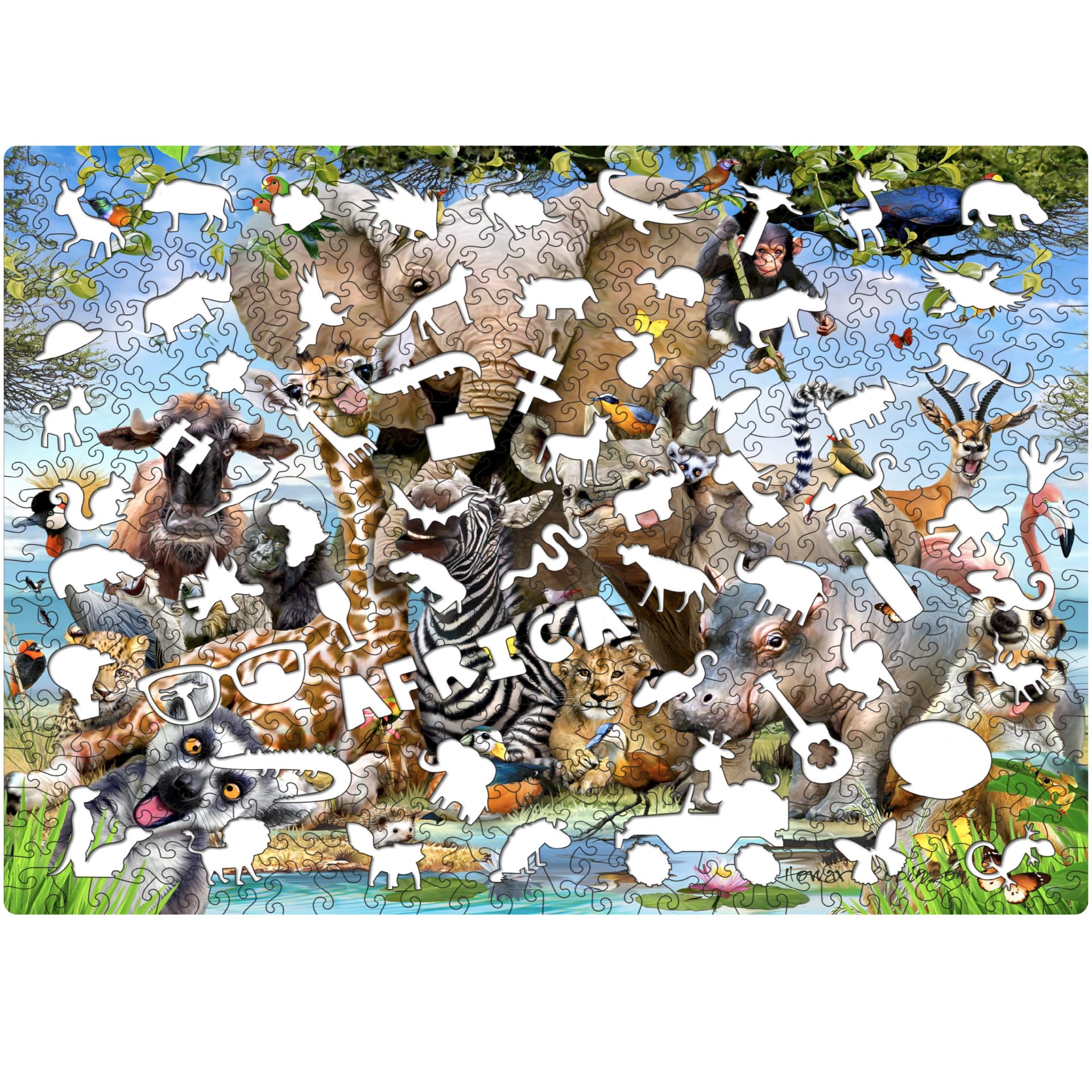 Puzzle Africa Selfie 501 Piece Widget Puzzle, Howard Robinson Wildlife Art, Wooden Interlocking Pieces with Widget Shapes, 450 x 350mm - Image 3