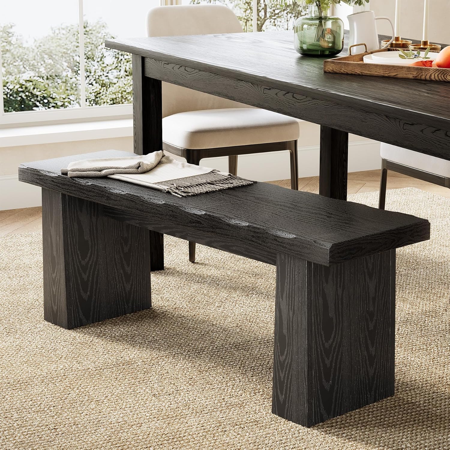 LITTLE TREE 47-Inch Black Wooden Entryway Bench - Sturdy Farmhouse Dining Bench for Hallway, Bedroom, Kitchen, Easy Assembly