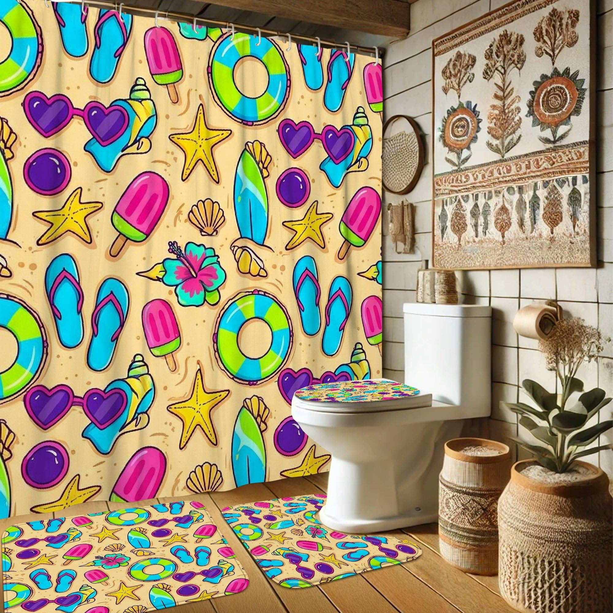 Rideaux de douche motif étoiles de mer bleu avec tapis de bain 183x183cm