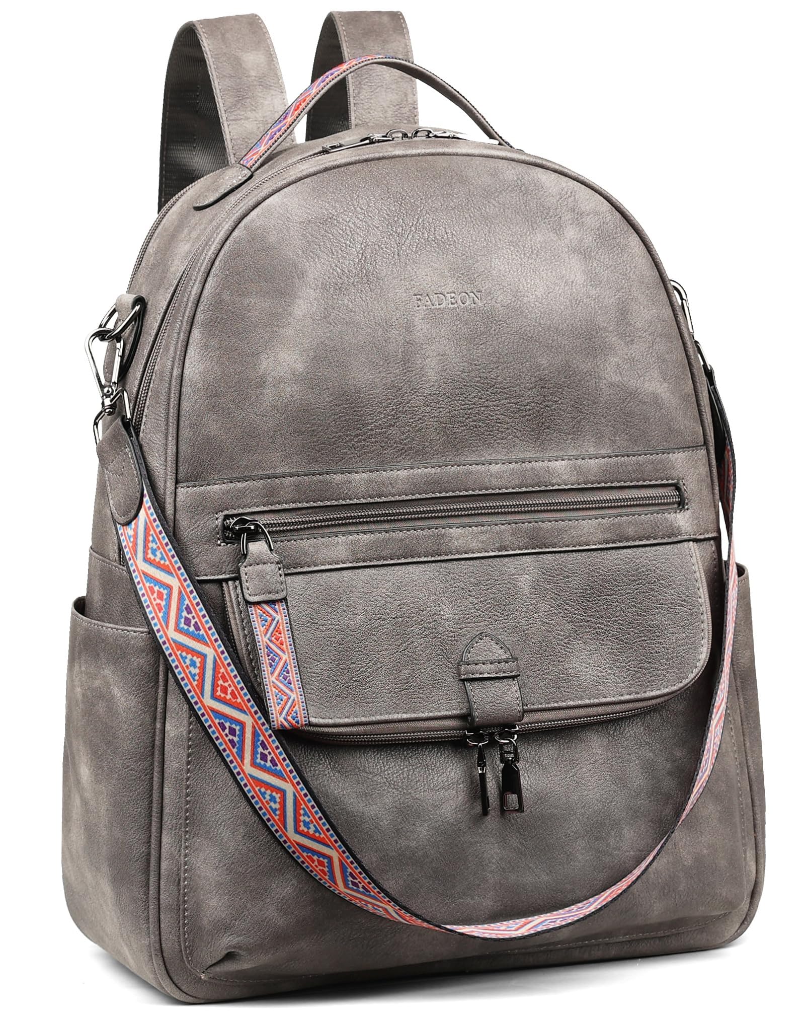 FADEON Leather Laptop Backpack Purse for Women, Designer Travel PU Backpack with Laptop Compartment for Work Grey