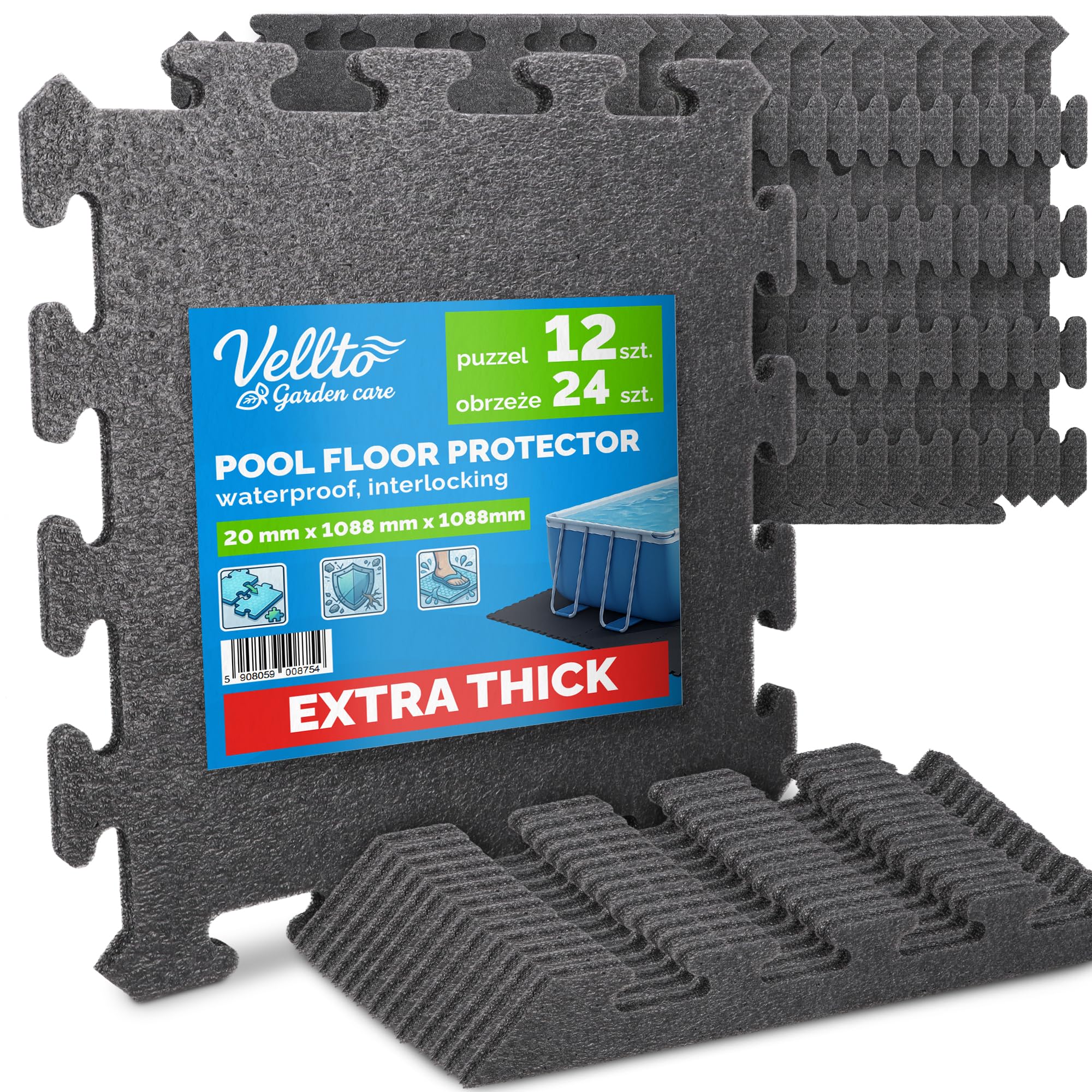 Tappeto Mattonelle 1088 mm x 1088 mm 2 cm 12x Puzzle Spessore Protezione Pavimento Gomma Eva Fitness Base Piscina Incastro Impermeabile Sottofondo Sistema Modulare Idrorepellente