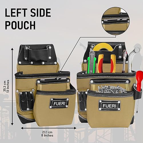 Miniatura 5 de FUERI Cinturón de herramientas de 19 bolsillos para hombre, bolsa de herramientas resistente con marco de borde grueso con puntos de desgaste