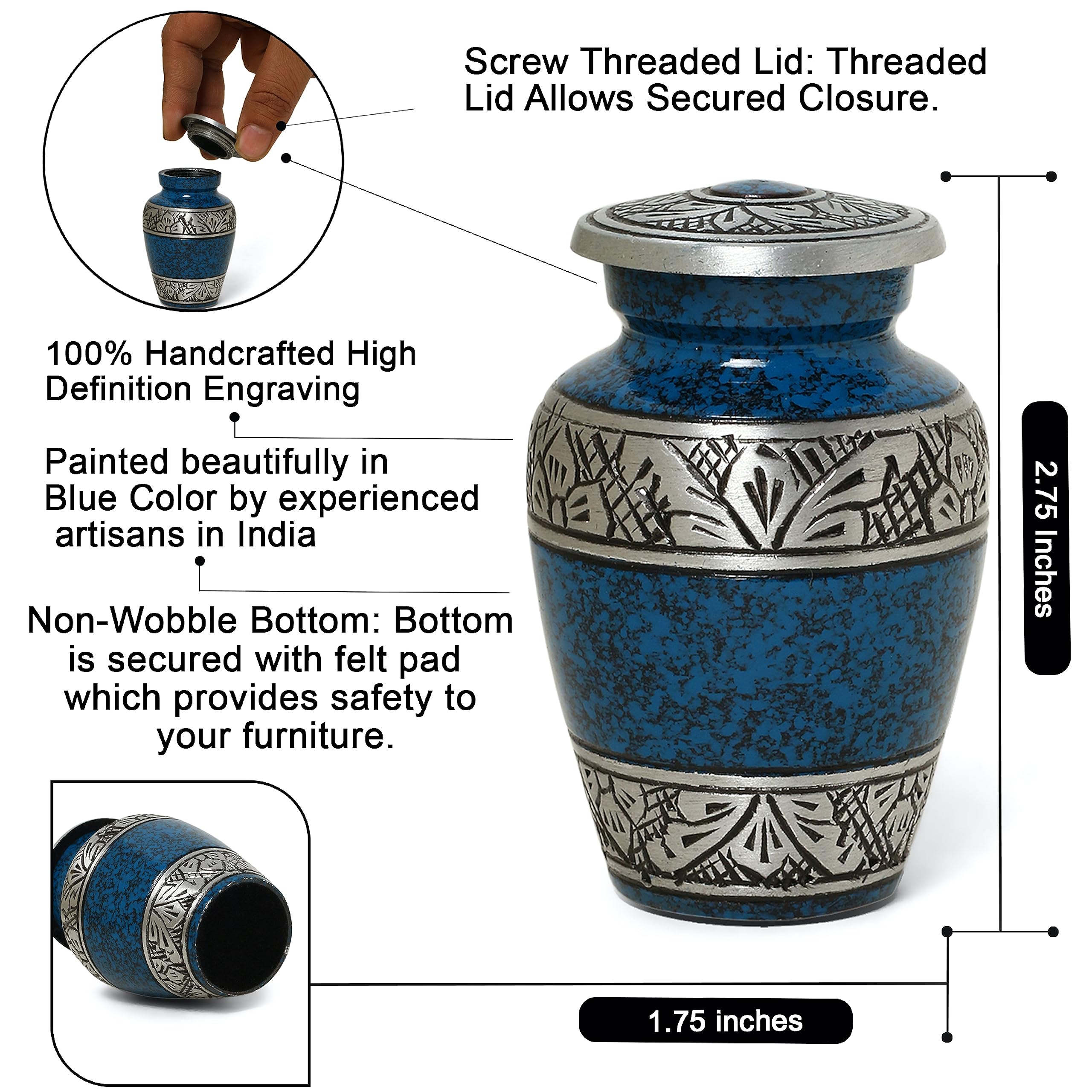 THE ASCENT MEMORIAL Blue Mini Keepsake Urns for Funeral Ashes Men Women - Beautifully Detailed Engraved Small Cremation Urns for Human Remains - Velvet Carry Bag - Paper Funnel - Gift Box