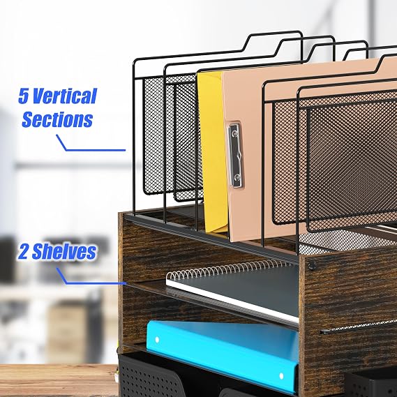 Simple Houseware Mesh Desk Organizer with Wooden Side Board, Rustic Brown
