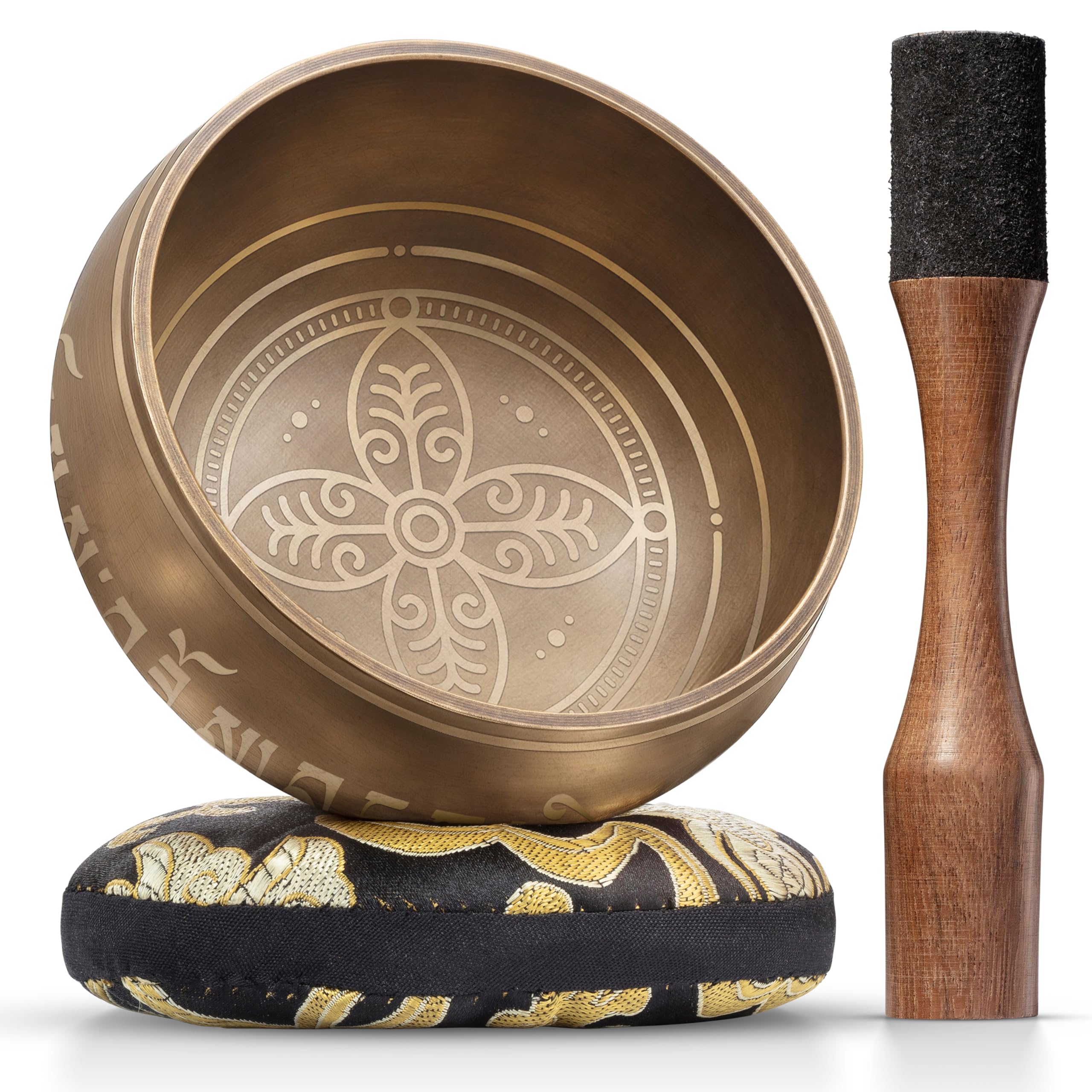 Tibetan Singing Bowl Set - Easy to Play - Creates Beautiful Sound for Holistic Healing, Stress Relief, Meditation & Relaxation - Ancient Groove Pattern - Gold Bowl with Black Pillow with box