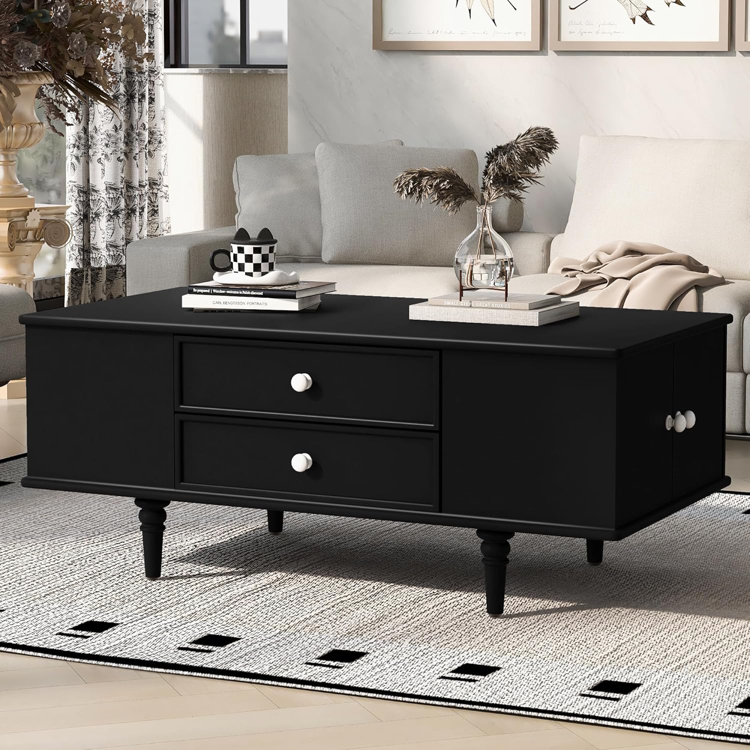 Modern Wooden Coffee Table with Hidden Storage Cabinets and Drawers, 47.2-Inch Rectangular Center Cocktail Table with Solid Wood Legs for Living Room, Black