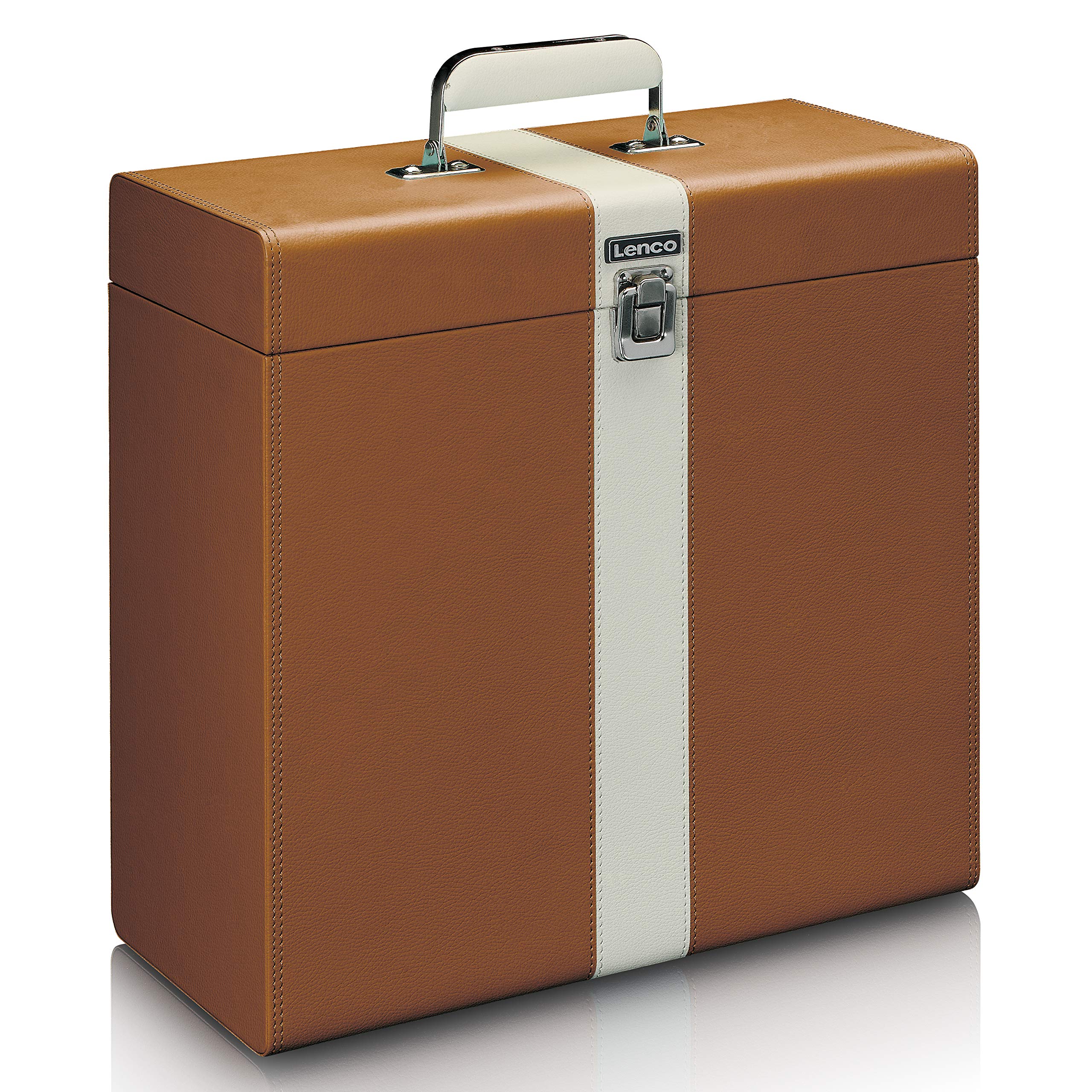 Lenco 810063 classic phono tta-301 - custodia per 30 dischi in vinile con maniglia per il trasporto e fibbia in metallo, fodera protettiva in velluto marrone/bianco