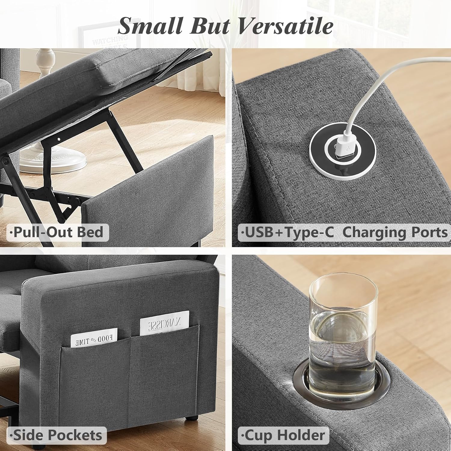 WEUP 42.5" Sleeper Chair Bed, 3-in-1 Convertible Reclining Sofa Chair with Pull Out Couch Bed, Adjustable Backrest, Side Pockets, Cup Holder, USB Ports & Wing Table, Premium Dark Gray