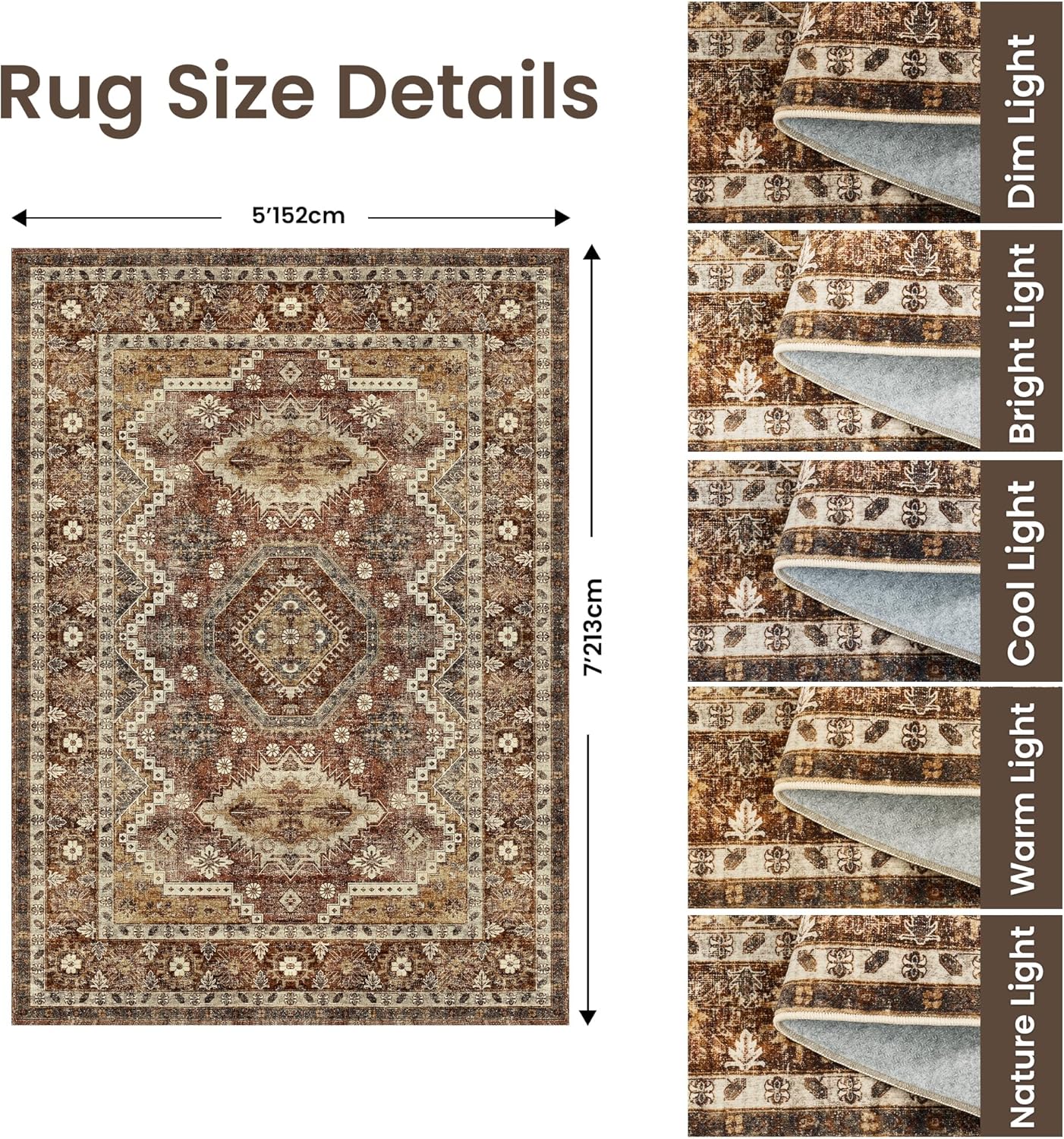 Rugland 5x7 Area Rugs - Stain Resistant Washable Rug, Anti Slip Backing Rugs for Living Room, Vintage Tribal Area Rugs (TPR07-Rust, 5'x7')