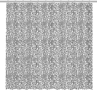 Fabric Shower Curtain for Bathroom | Black and White 1980’s NYC Pop Art and Keith Haring Inspired Design | Water-Repellent Machine-Washable Fabric Shower Curtain Set Includes 12 Stainless Steel Hooks