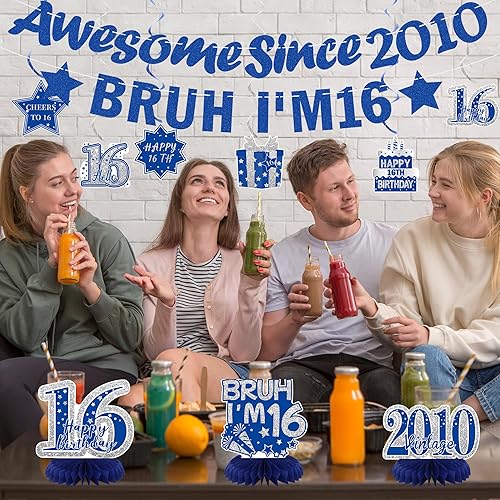 Miniatura 8 de Crenics Decoraciones azules de cumpleaños número 16 para niños, pancarta impresionante desde 2010, pancarta de Bruh I'm 16, centros de mesa de panal