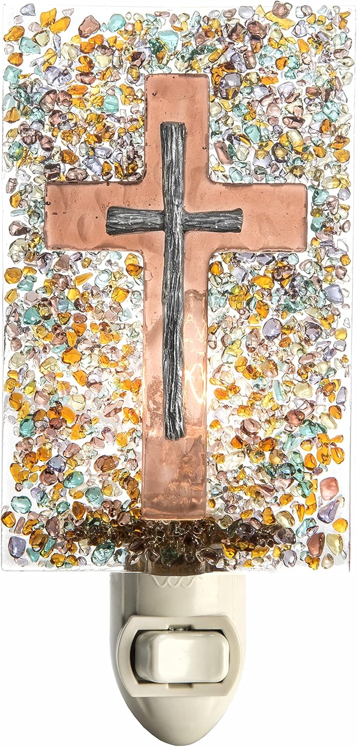 Fused Glass Cross Night Light – Christian Religious Décor, Plug-in Stained Glass Art with Cross, Perfect Faith-Inspired Gift for Home, Bedroom, Hallway