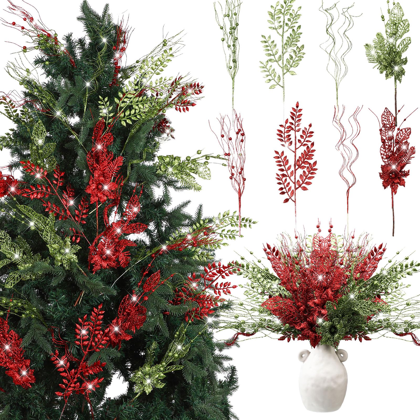 Thiccywoov Künstliche Glitzer-Beerenstiele, Ornamente, 44 cm, künstliche Weihnachtsspieße mit Weihnachtsstern, dekorativ, Glitzer-Beerenstäbchen, Zweig für Weihnachtsbaum, DIY-Kranz (Rot Grün)