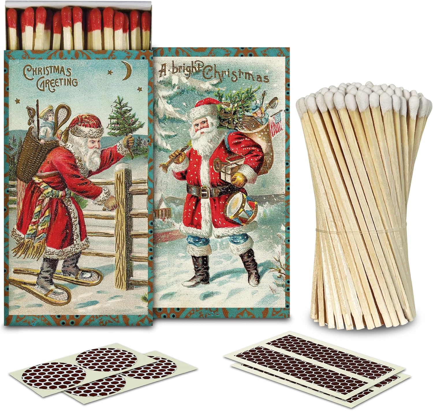 4" White Matches + 2 Boxes of HomArt Vintage Santa Designer