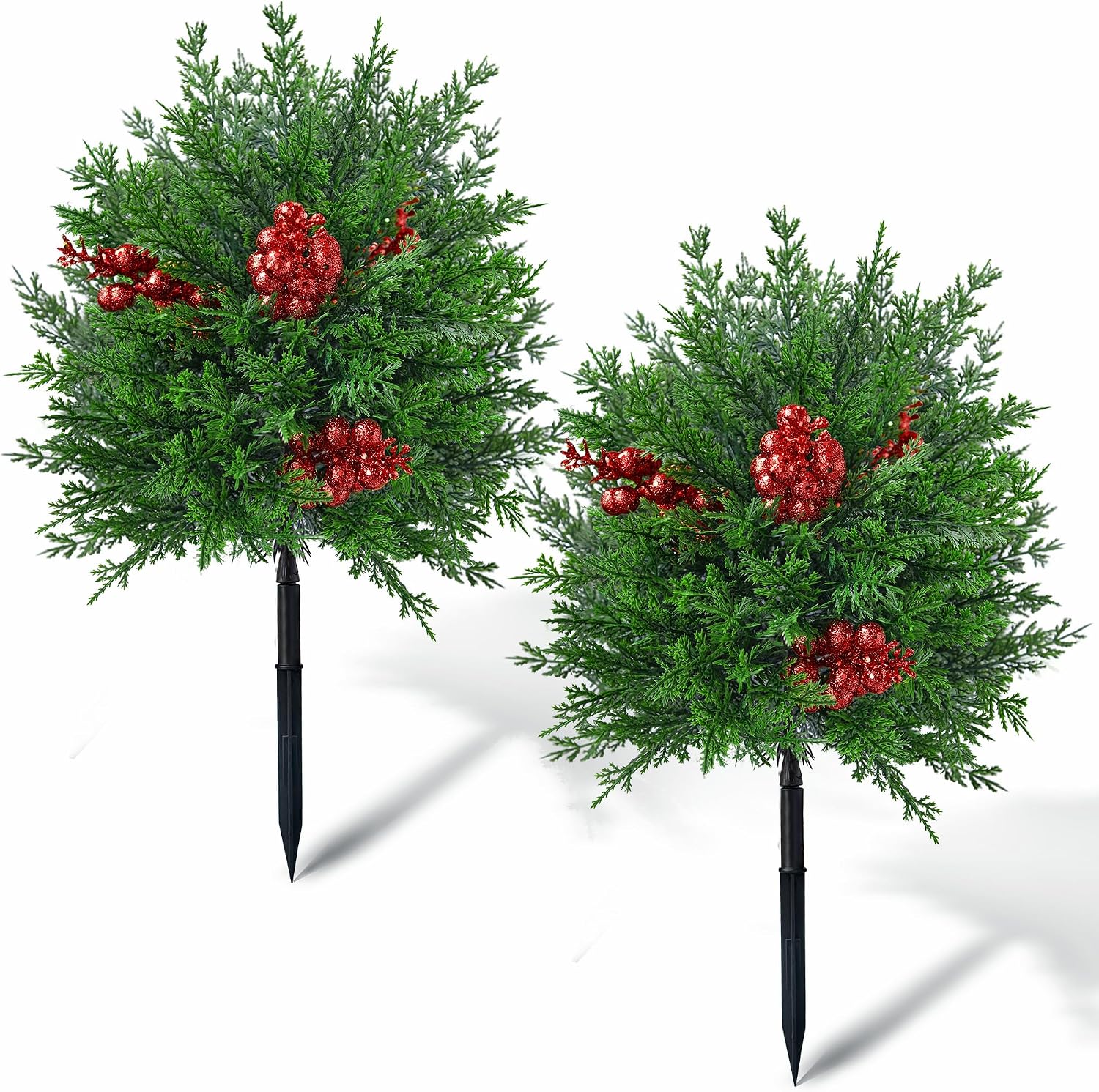 2 Pack Artificial Topiary Cypress Tree with Spikes Red Berry Shrubs Bushes - 18.5in Fake Pine Shrubs Plants UV Resistant Evergreen Faux Cypress Trees for Planter Front Porch Indoor Outdoor Decor