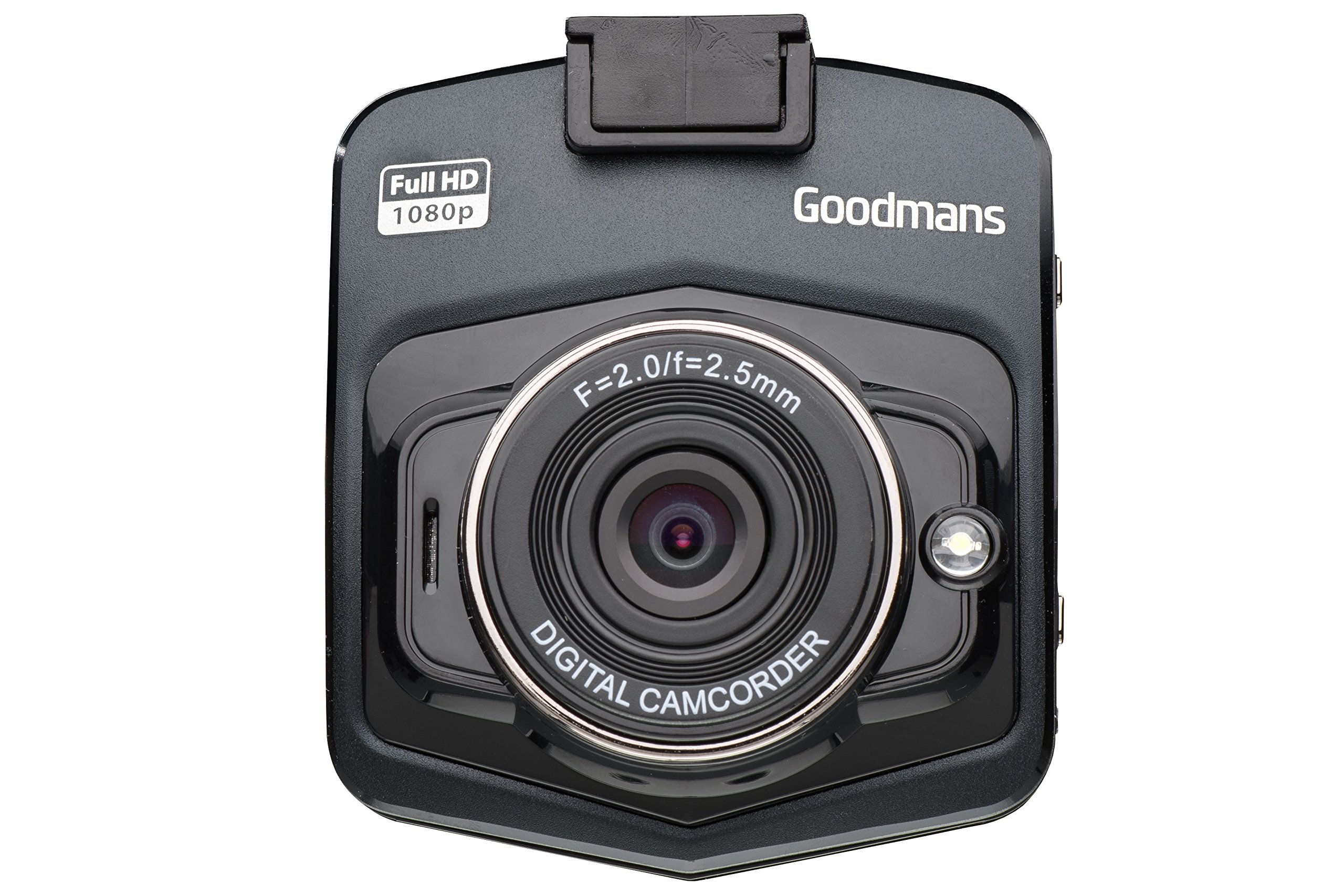 Angled front view of the Goodmans GSCOUTHD Dash Camera showing the lens and 'Full HD 1080p' label.