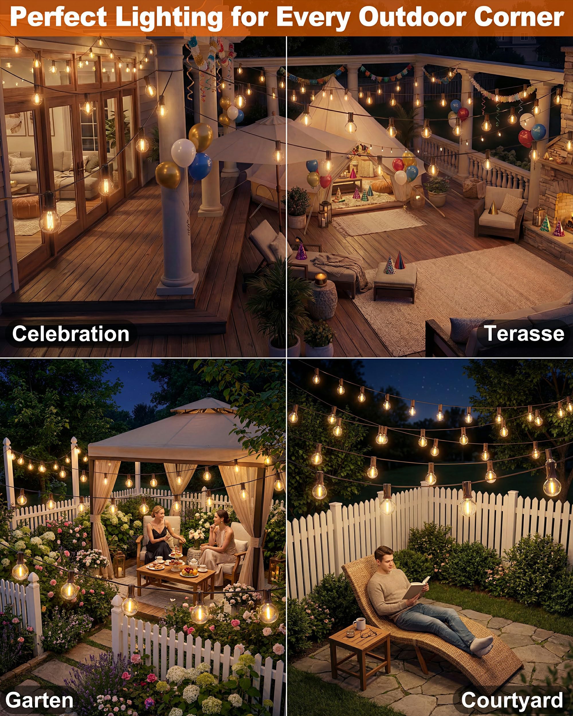 Lichterkette Außen 36M, Dimmbar G40 LED Lichterkette Strom | 50+2 G40 Glühbirnen, IP65 Wasserdichte, Bruchsicher, Anschließbar 2700K LED Strom für Balkon, Garten, Terrasse, Hochzeiten
