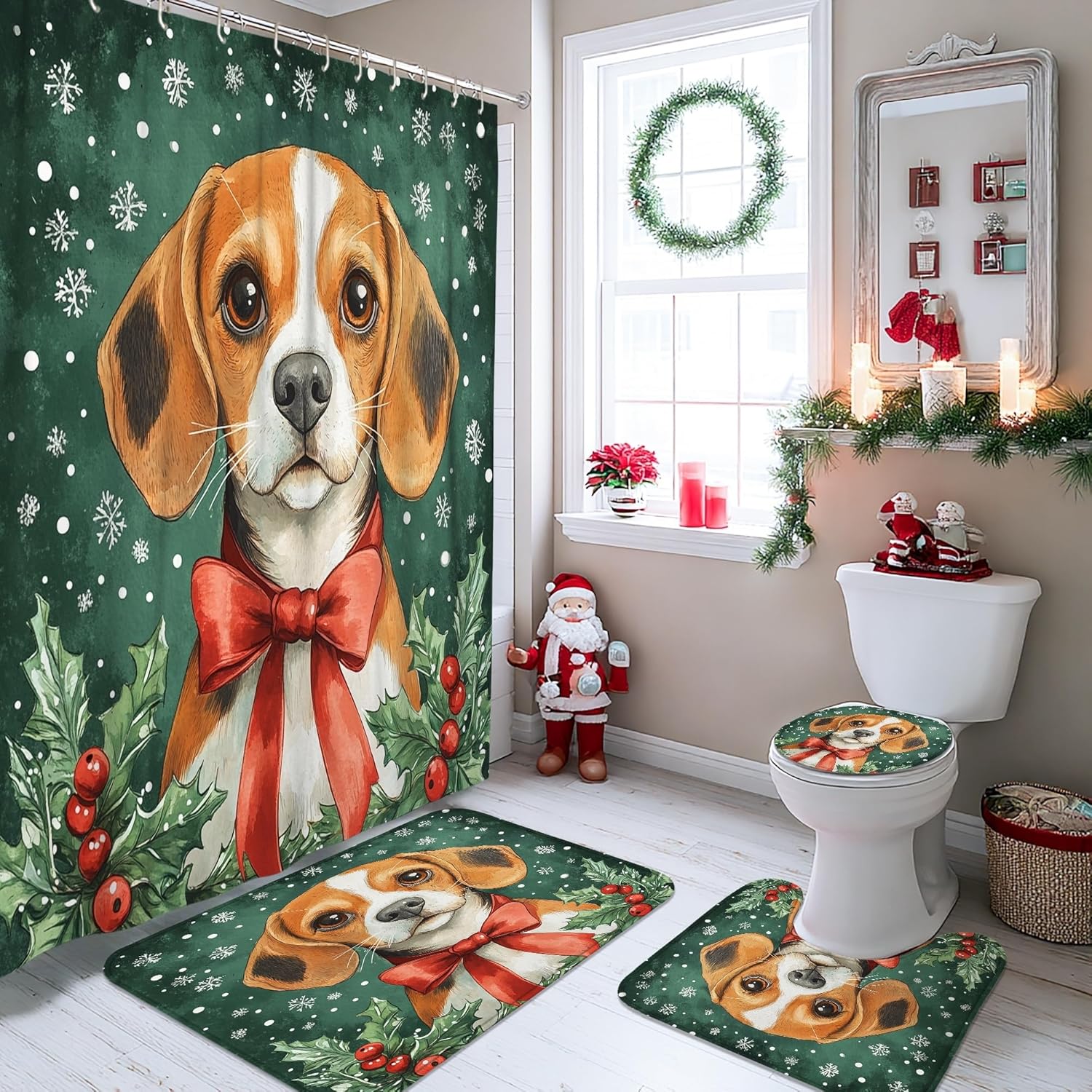 4PCS Christmas Beagle Dog Bathroom Sets, Bath with Non-Slip Rug, U Shape Toilet Lid Cover Mat, Fun Xmas Holly Puppy Bathroom Decor-72''x72''