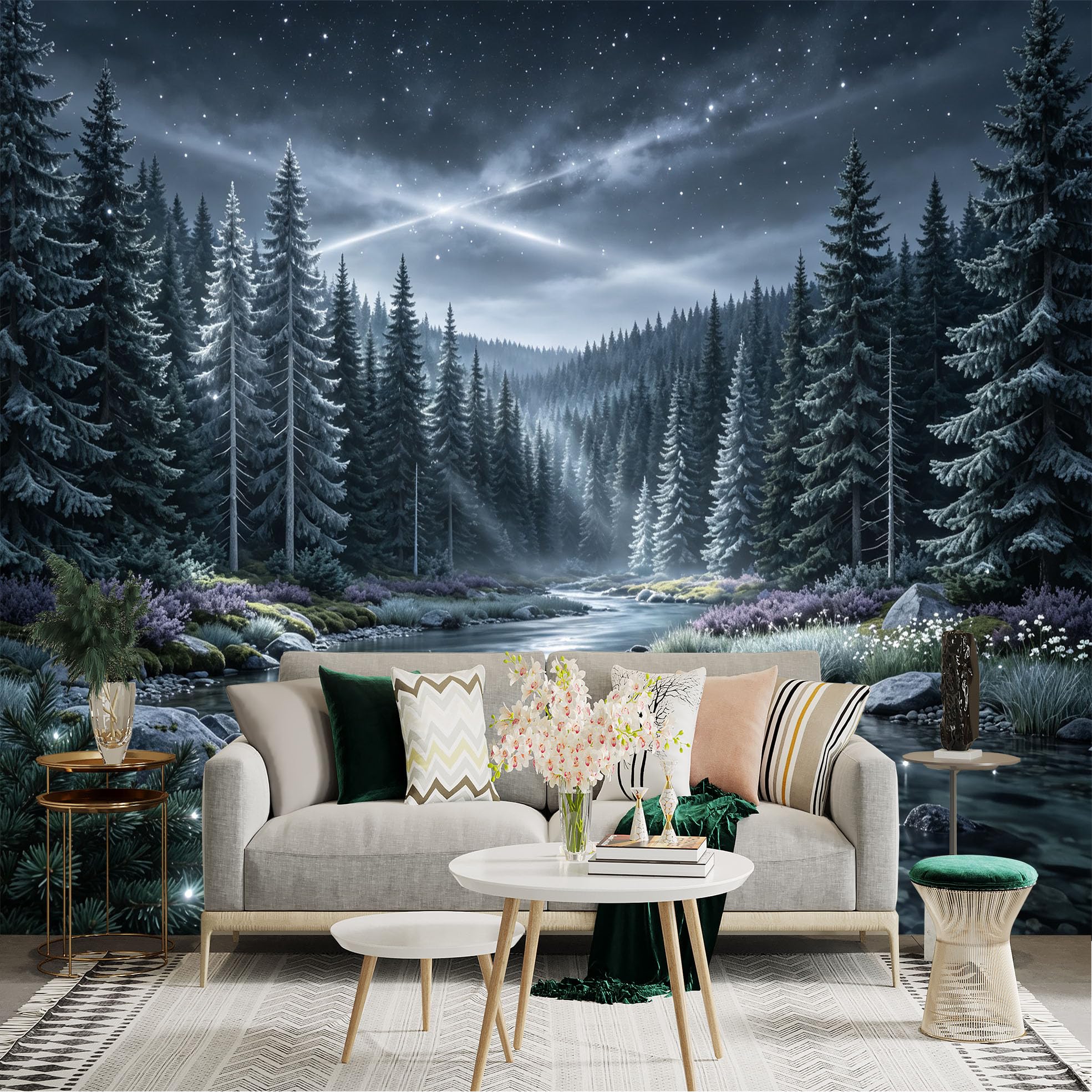 Lnzczhyre Bh260719068 Custom Size Wall Sticker Mural， Enchanted Night Forest， Sparkling River， Serene Woodland Scenery， Celestial Glow， For Wall Decoration， Peelandstick Wall Decals.
