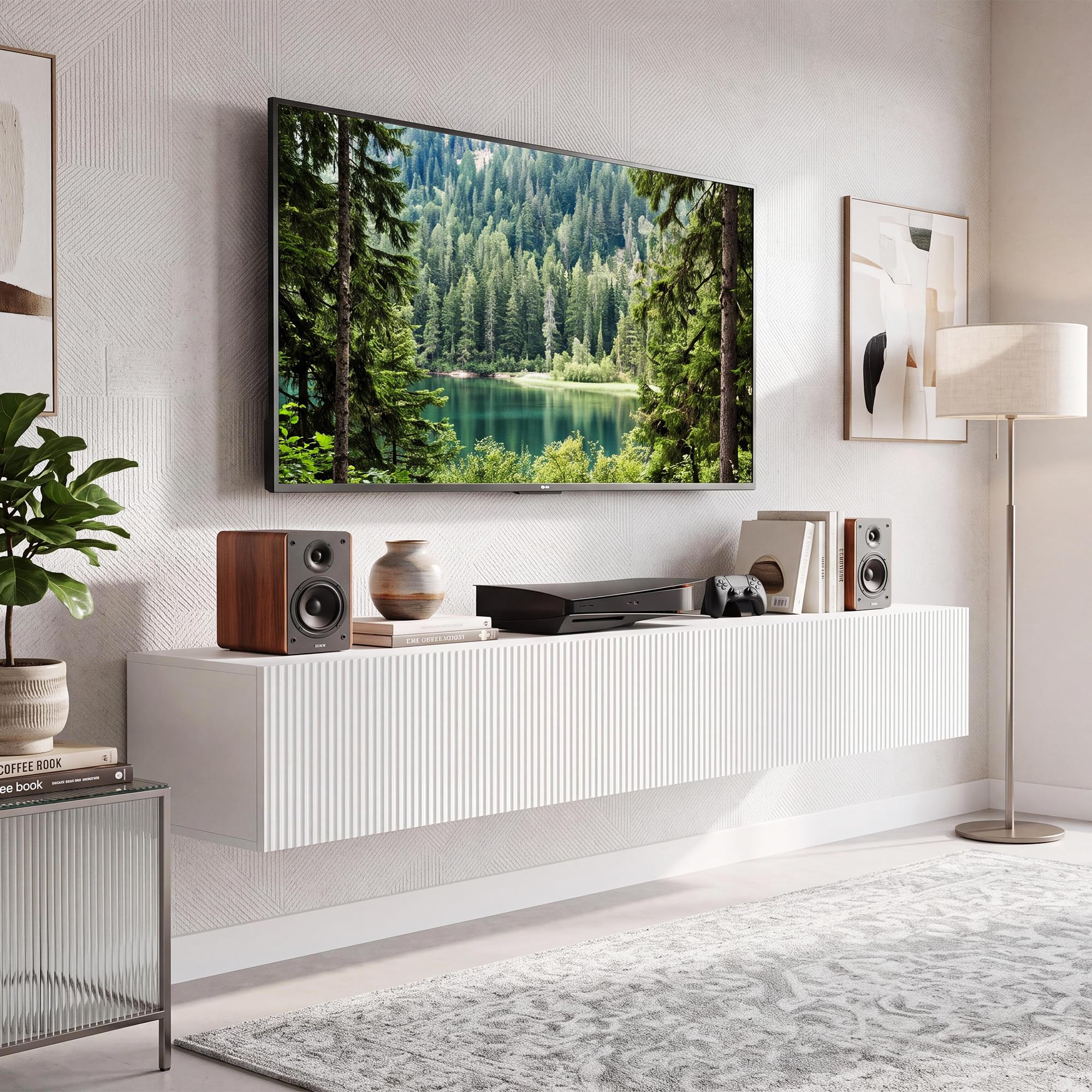 Mobile TV Sospeso 200x30x31cm, Mobile da Parete con 4 Scomparti Archiviazione, Mobile TV Moderno, Bianco, Adatto per TV fino a 85 Pollici per Soggiorno e Camera da Letto