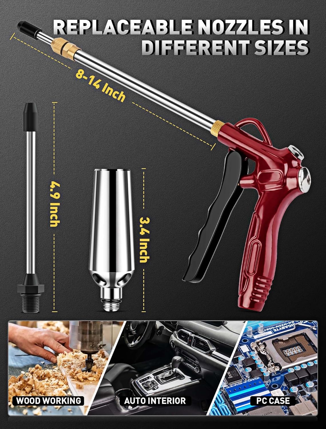High Flow Air Blow Gun with Adjustable 8-14 Inch Extension, Upgraded Red Air Nozzle Blower w/Powerful Venturi Nozzle & 1/4'' Standard Quick Plug, Dust Cleaning Gun for Air Compressor Accessories