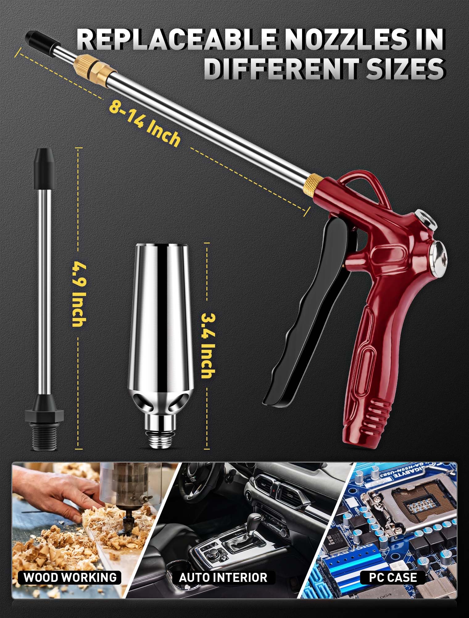 Pistola de aire de alto flujo con extensión ajustable de 8 a 14 pulgadas, pistola sopladora de boquilla de aire roja mejorada con potente boquilla Venturi y enchufe rápido estándar de 1/4 pulgadas