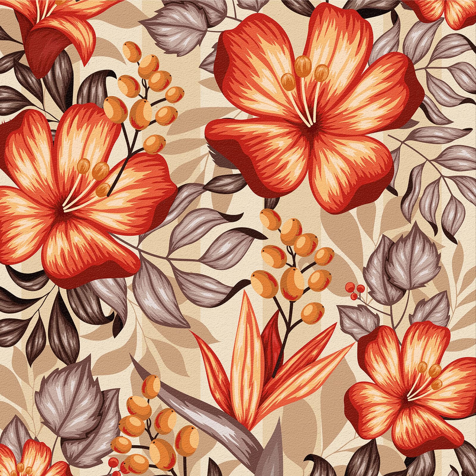 ICYEHAO Beige Floral Wallpaper, 44 x 600 cm Orange Flower Peel and Stick Wallpaper Grey Leaf Plants Botanical Wall Paper Self Adhesive Furniture Wrap for Living Room,Bathroom,Drawer,Cabinets
