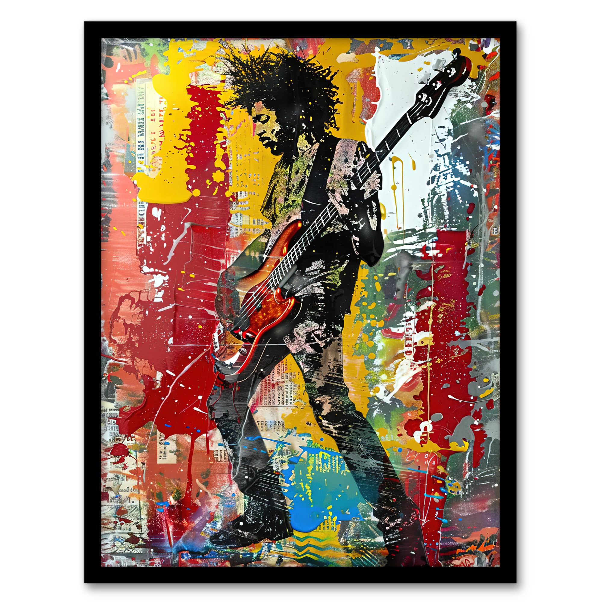 Artery8 Colourful Bassist Rocker Portrait Street Art Living Room Artwork Framed Wall Art Print A4