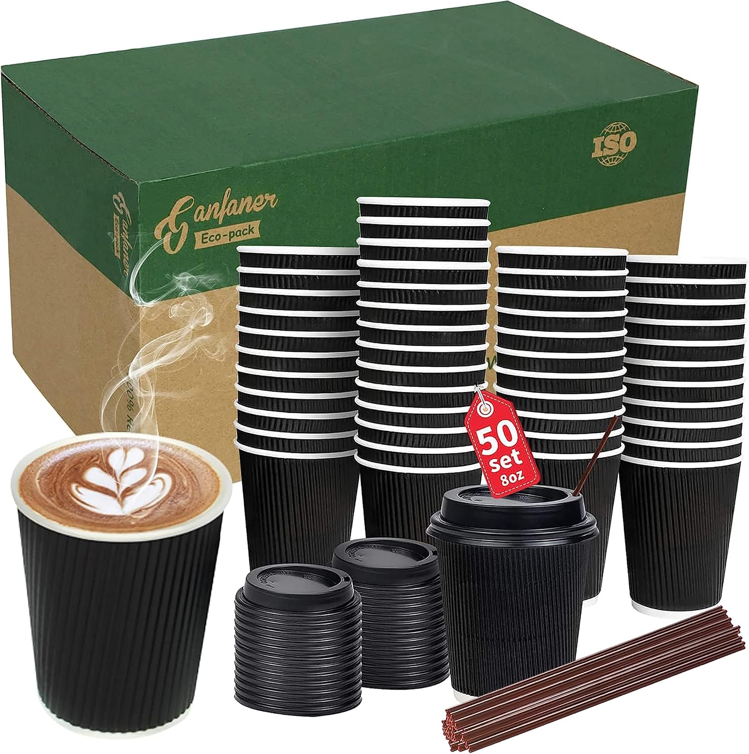 8oz Disposable Coffee Cups with Lids and Straws, 100 Sets To go Paper Coffee Cups Insulated Corrugated for Hot Cold Drinks, Black Kraft Heat-proof Wall Beverage Cups for Party Office [White]