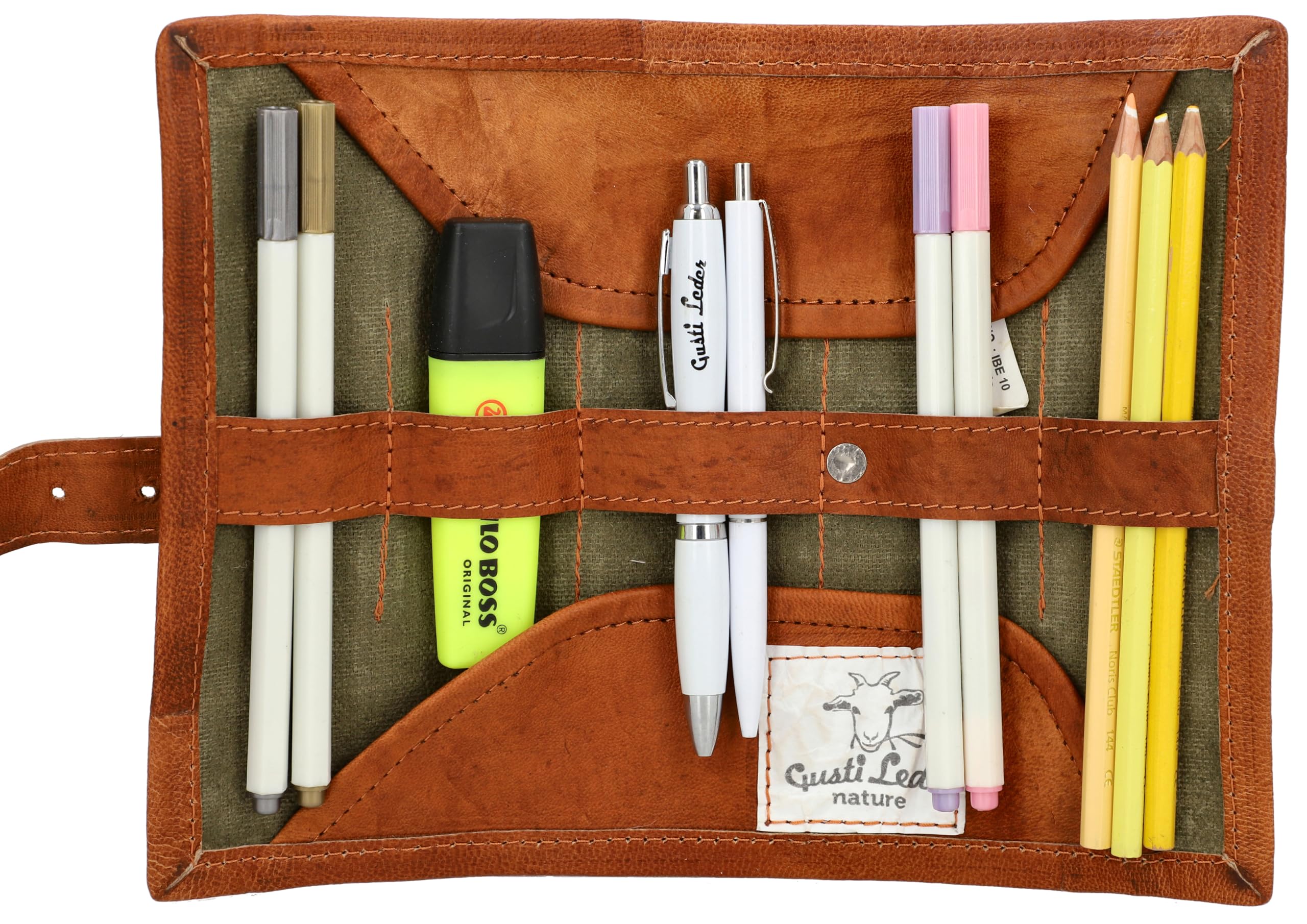 Gusti Federtasche Leder - Robbie Damen und Herren Stifterolle Federtasche Schlamperrolle Stifteetui Vintage Braun Leder