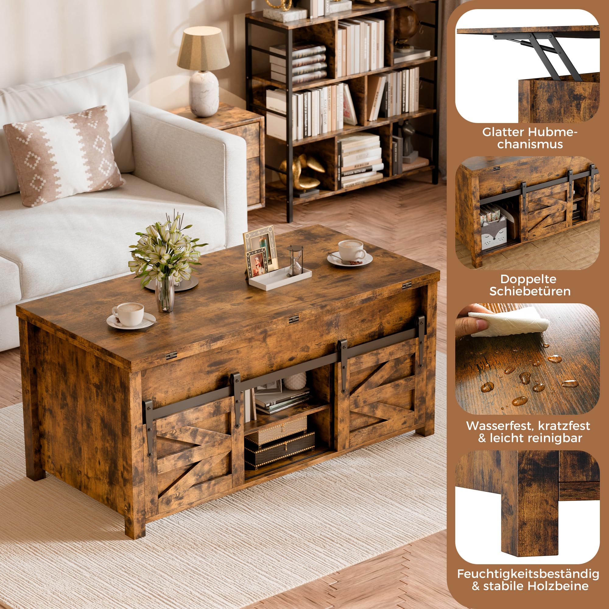 ELUCHANG Couchtisch Höhenverstellbar, 4 in 1 Wohnzimmertisch Umwandelbar in Wohnzimmer-Esstisch, Multifunktions mit Versteckter offenes Fach & Aufbewahrung,für Wohnzimmer/Büro/Esszimmer, Vintagebraun