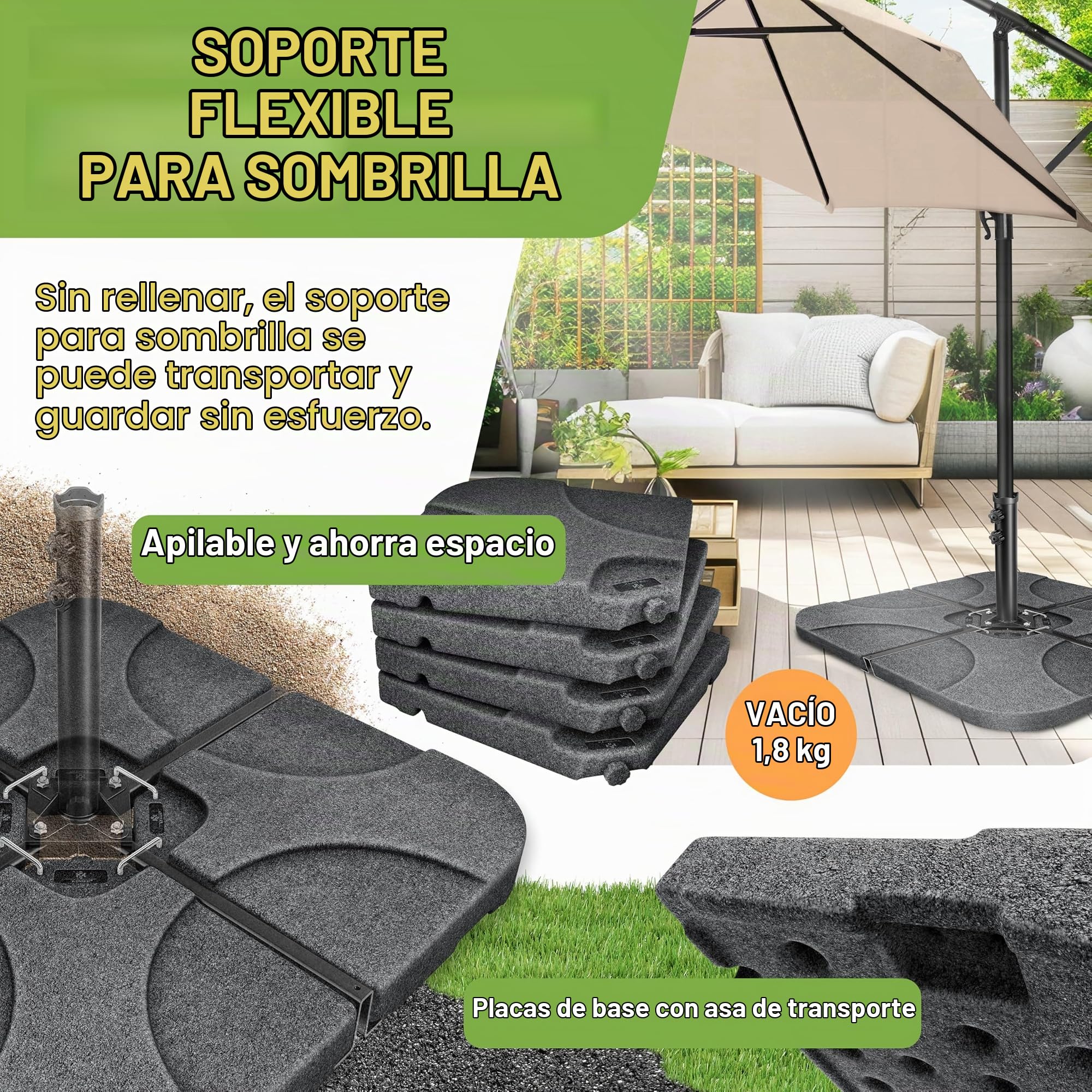 KESSER Soporte para sombrilla de 4 piezas, peso de la sombrilla, soporte para sombrilla con forma de cruz de 60 l/80 kg, rellenable con agua o arena, incluye conector de metal, soporte de plástico