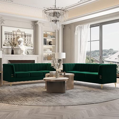 Miniatura 10 de Sofá de terciopelo verde de 83.46 pulgadas de ancho con patas metálicas doradas, sofá tapizado de brazo alto de 3 plazas para sala de estar,