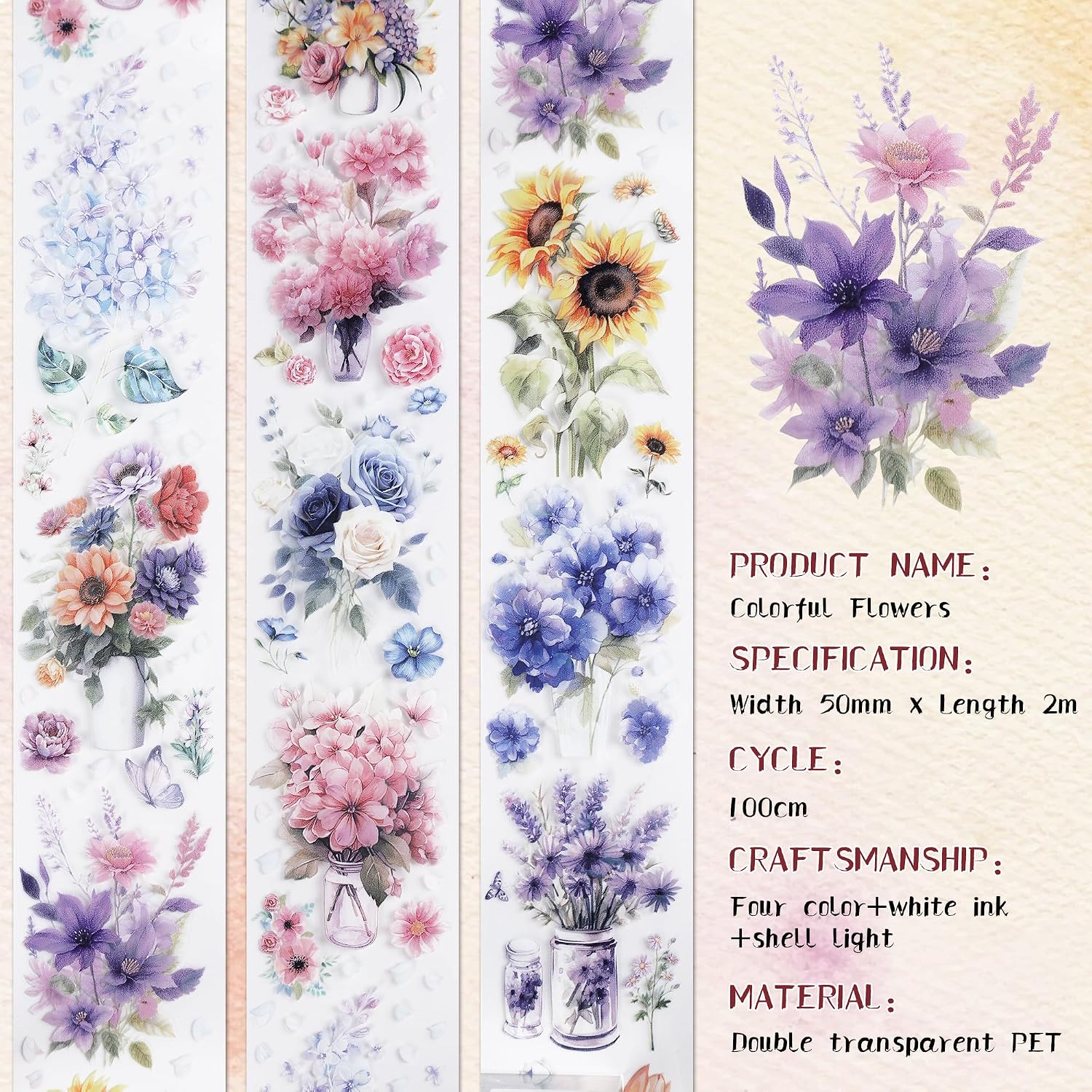 Sitsink Journaling Scrapbook PET Tapes - Floral Scrapbooking Junk Journal Supplies, Flower Decorative Tapes for Art Crafts, Aesthetic Washi Tapes Scrapbooking Supplies, Floral Journaling Tapes image 4