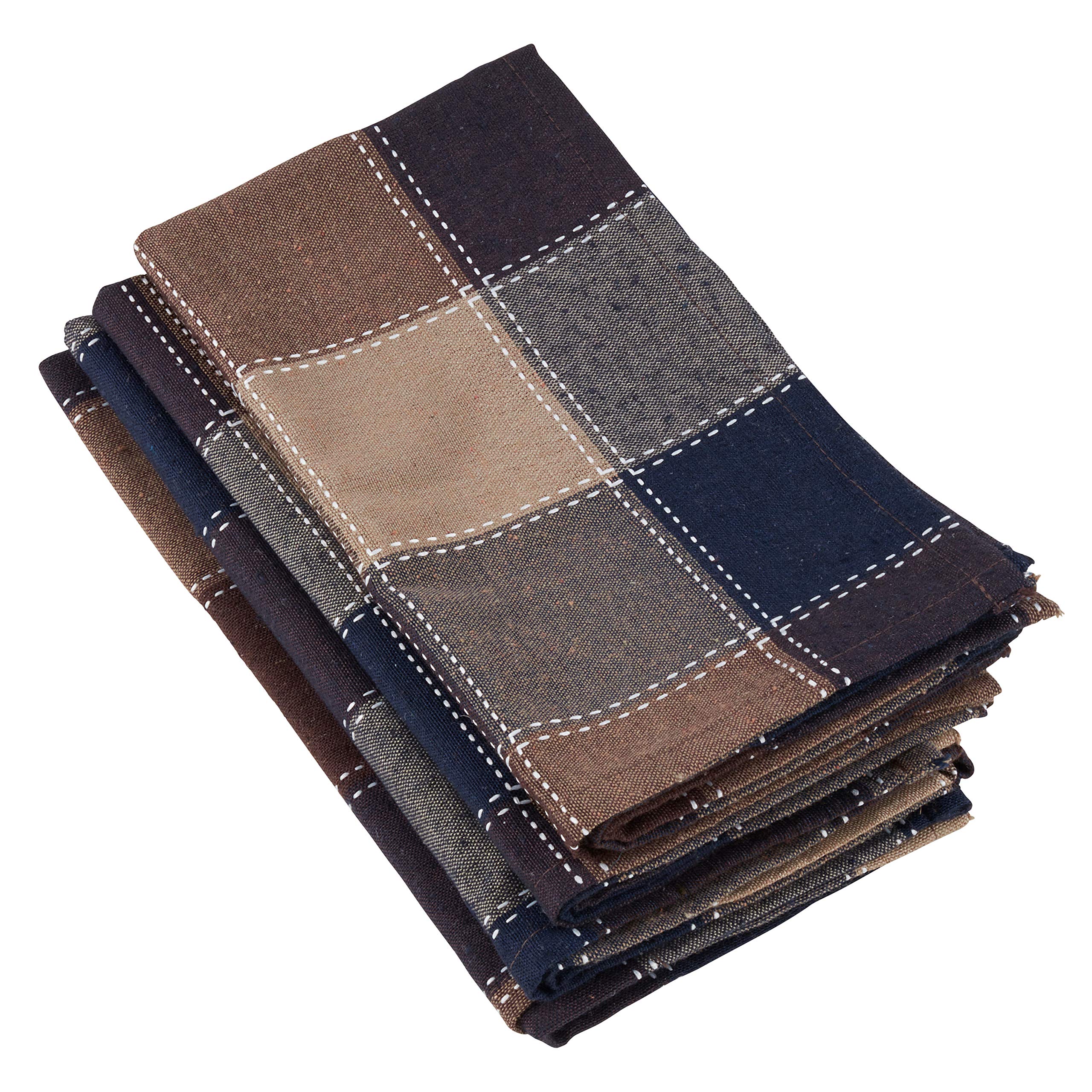 SARO LIFESTYLE 8571.BR20S Harvest Collection Stitched Plaid Design Cotton Blend Napkins (Set of 4), 55% cotton-45% Polyester, Brown