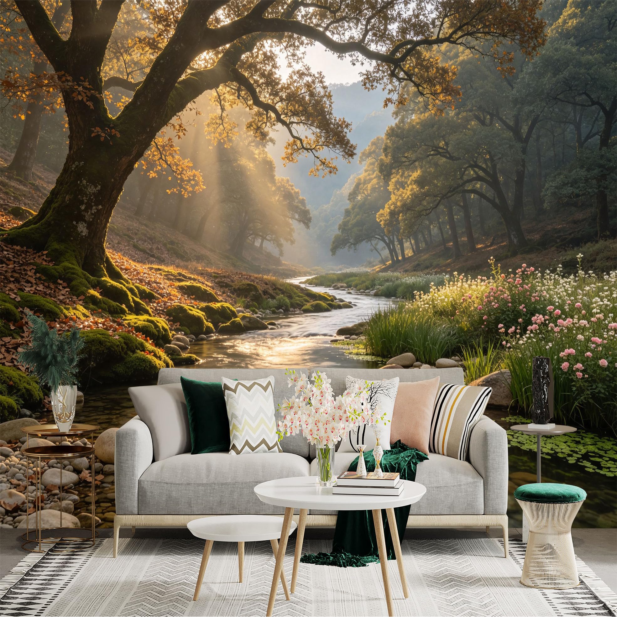 Lnzczhyre Bh260719660 Custom Size Wall Sticker Mural， Sunlit Forest Stream， Serene Woodland River， Flowing Water With Wildflowers， Enchanting Morning Rays， For Wall Decoration， Peelandstick Wall Decals.