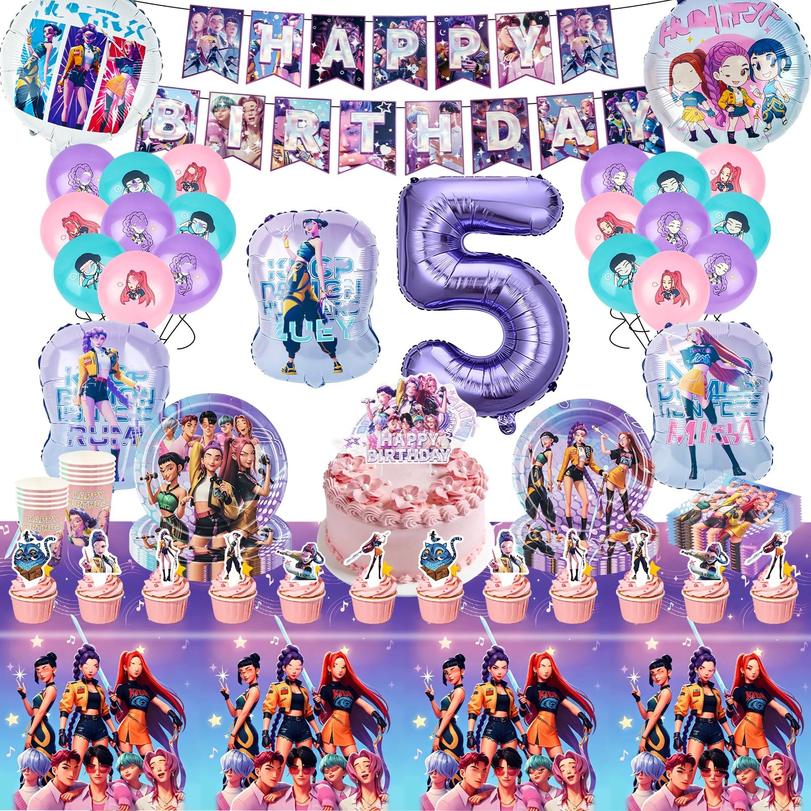 Party Balloon 91Pcs Dem-on Birthday Party Decorations, Kids Girls Boys 5th Birthday Decoration Tableware, Theme Supplies Including Cake Topper Ballons Plates Cups Banner-10 Guests