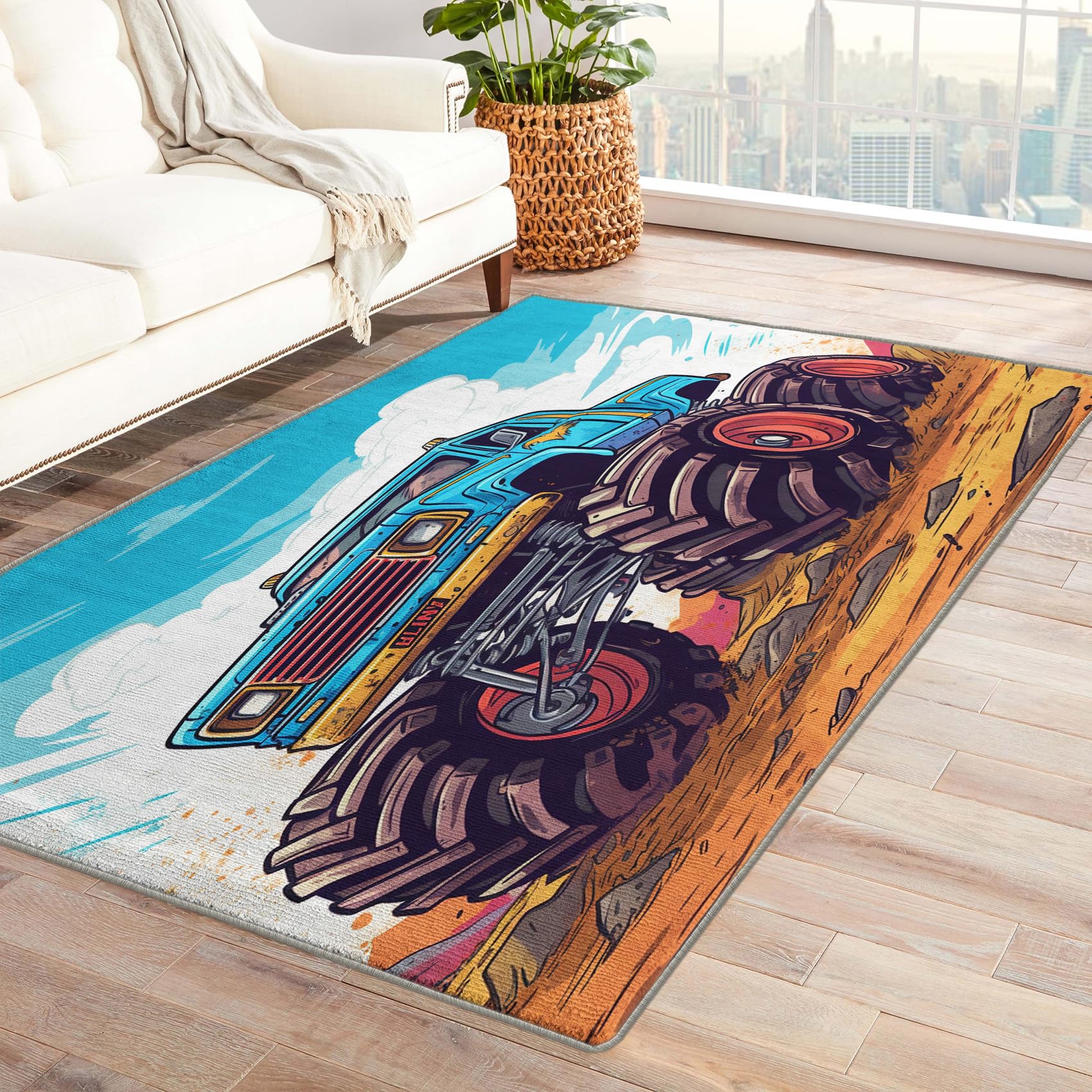 Monster Truck Rug & Home Decor - 4x6 Rug, Kids Rugs for Living Room Bedroom, Boys Carpet, Washable Non Slip Soft Low Pile Indoor Area Rug & Room Decor