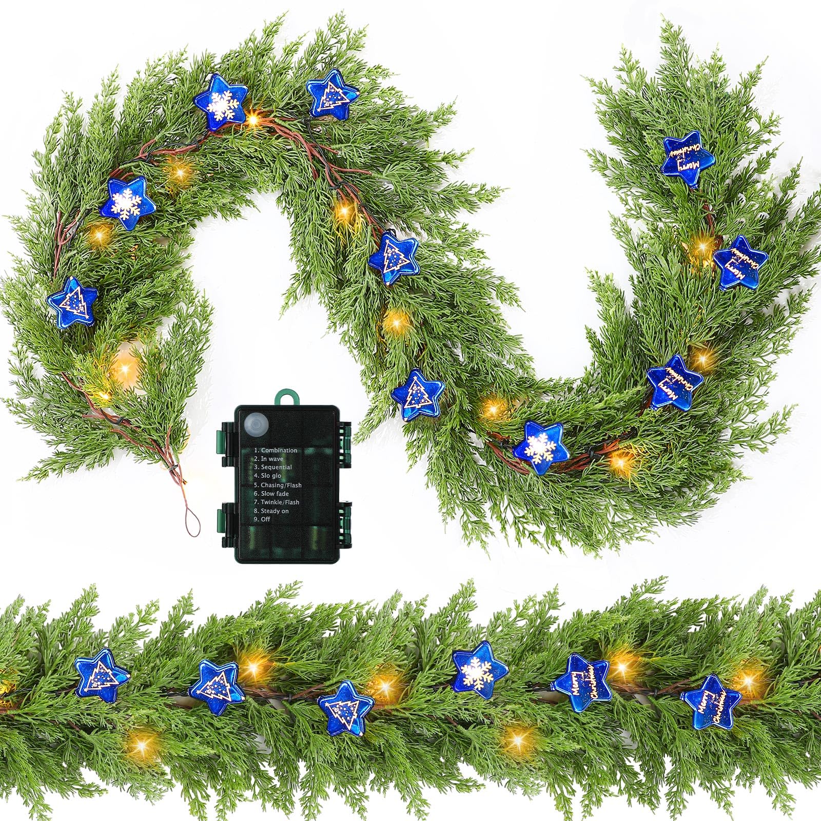 Maysing 2 Pcs 6.2Ft Prelit Christmas Cedar Garlands with Lights 10 Christmas Stars LED Lighted Artificial Pine Cypress Garlands Battery Operated with 8 Modes Timer for Fireplace Mantle Decor (Blue)