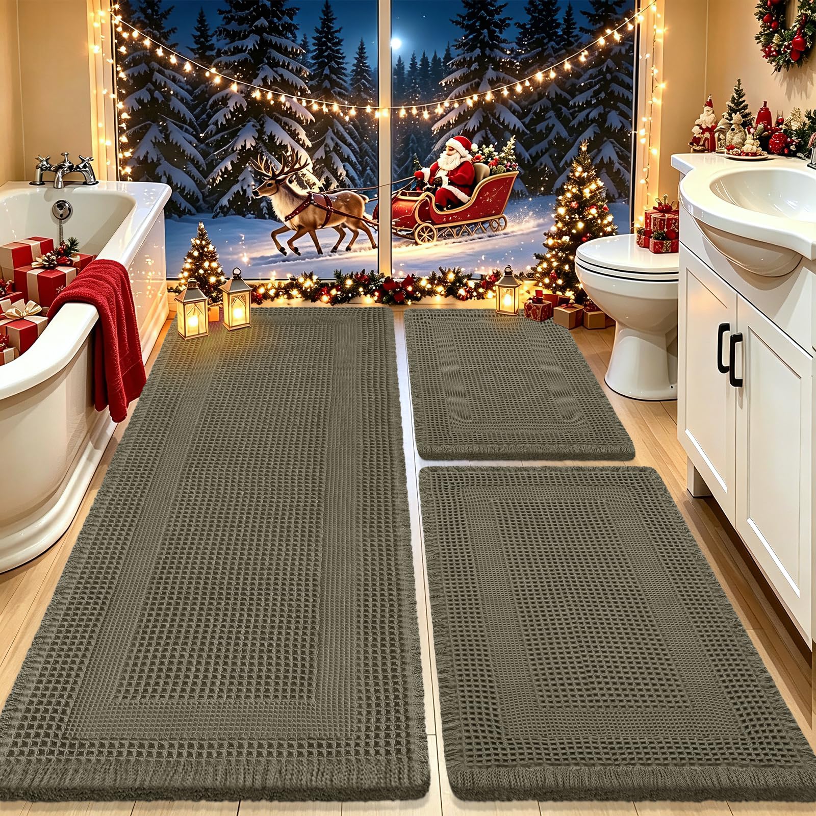 Upgrade Waffle Bath Mat Set 3 Piece, Greyish Green, Boho Bathroom Rugs Absorbent Non Slip, Ultra Soft Bathroom Mat, Machine Washable Knit Bath Rugs with Tassels for Bathroom, Kitchen, Shower, Tub