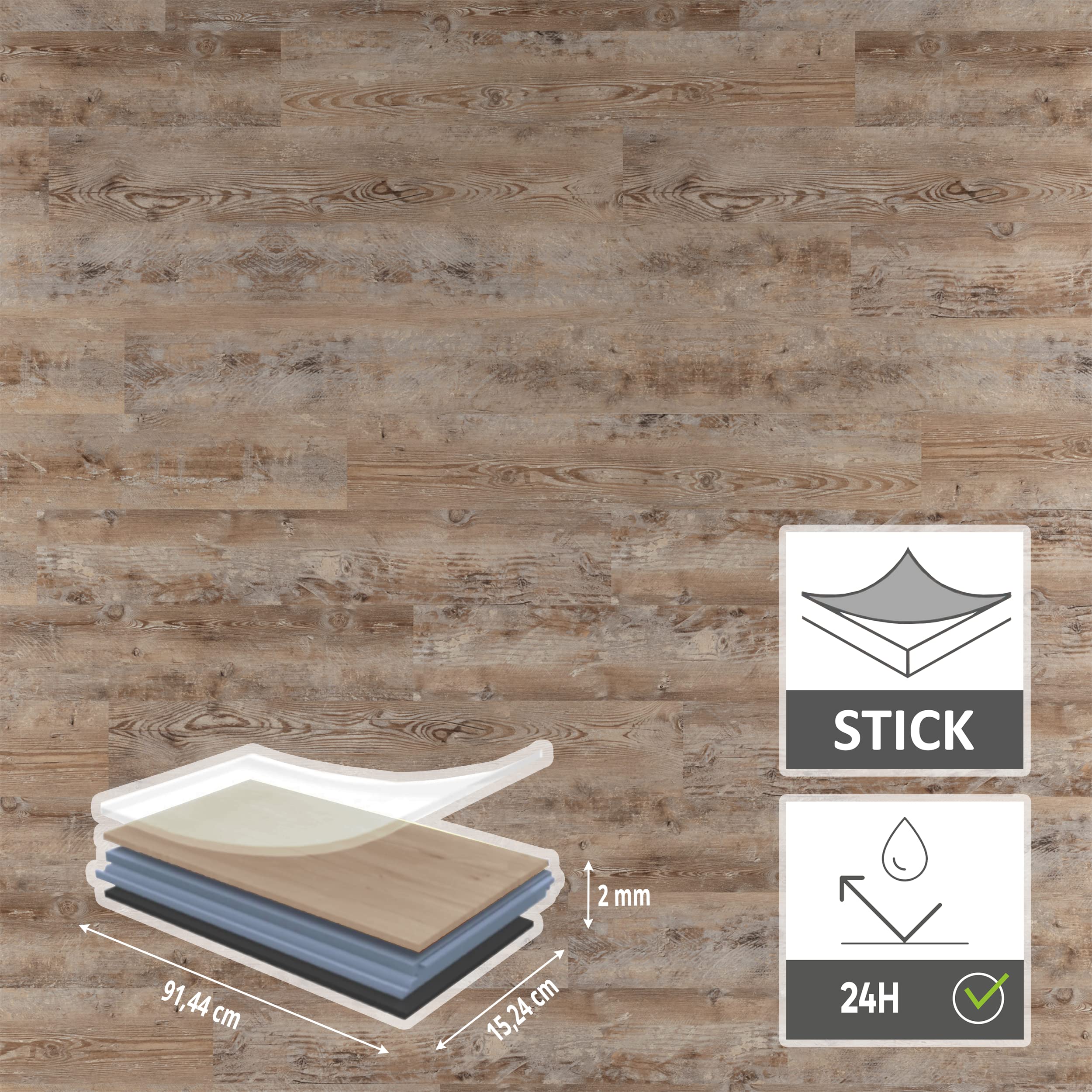 ARTENS - PVC Bodenbelag - Selbstklebende Vinyl-Dielen Tambo - Vinylboden - Medio - Holzeffekt - Braun/Grau - L.91,44 cm x B.15,24 cm - Dicke 2 mm - 2,23 m²/ 16 Dielen - Belastungsklasse 21