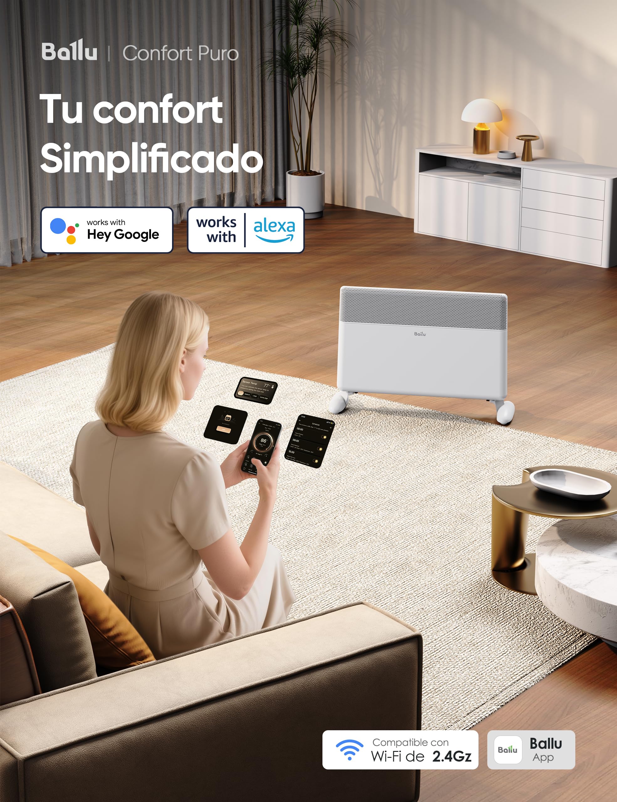 Ballu Radiador Eléctrico Bajo Consumo 2000W, Convector Eléctrico WiFi con App, Pantalla Táctil, Calefacción Eléctrica con Google Home y Alexa, Instalación Pared o Suelo, Mando a Distancia,Blanco