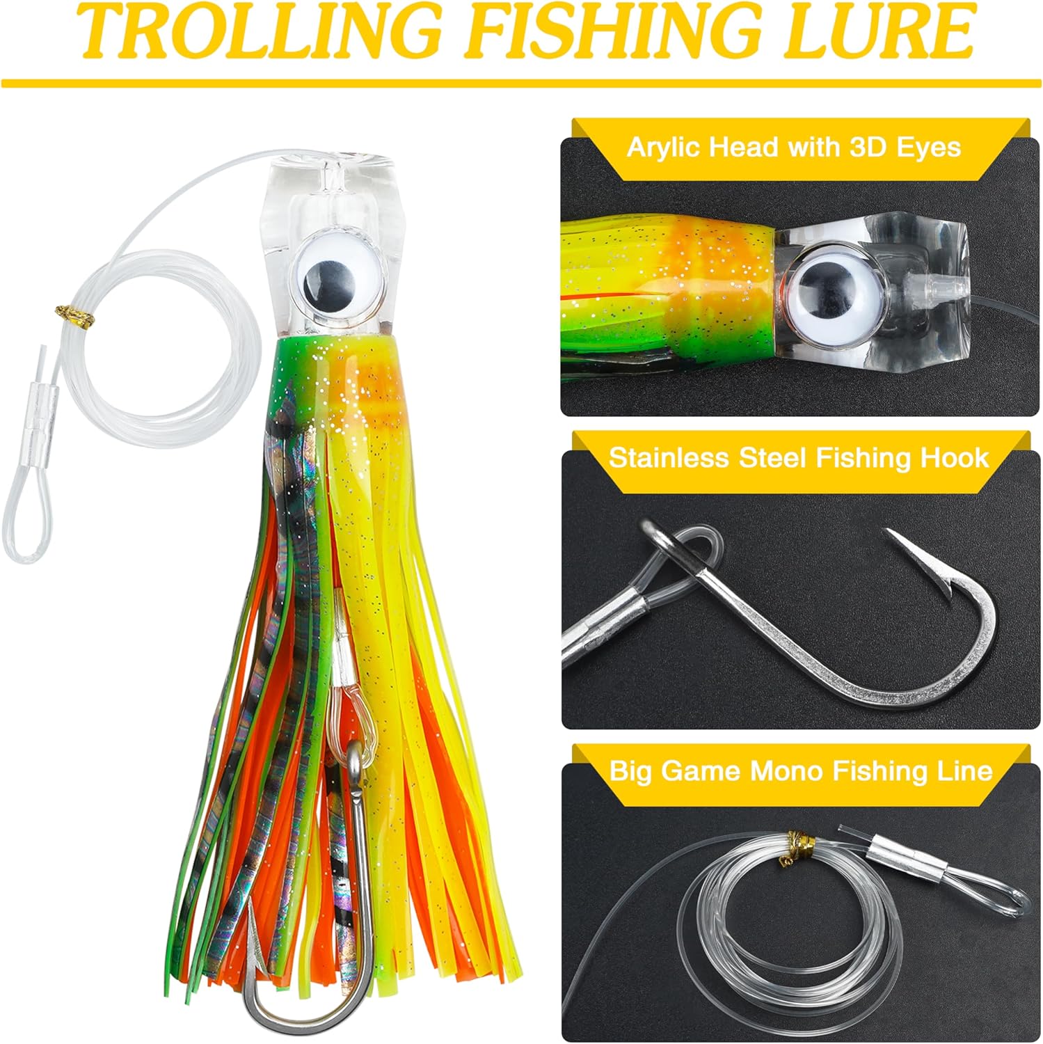 Saltwater Fishing Lures 6/9inch Trolling Lures for Marlin Mahi Tuna Dolphin Shark Big Game Deep Sea Fishing Baits Squid Skirts Rigged Hooks Ocean Gear Tackle