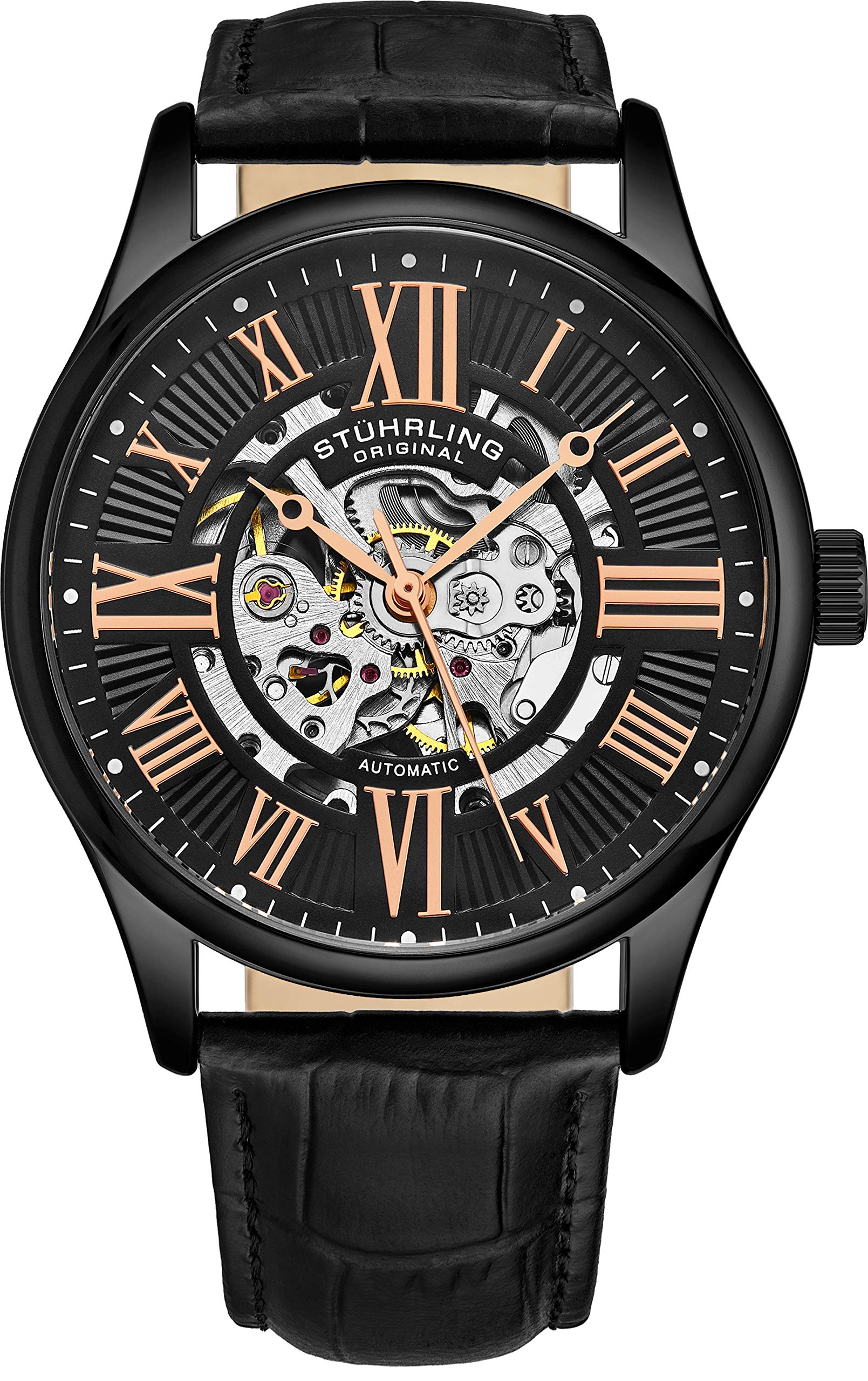 Stührling Orologio da uomo automatico in acciaio inox, quadrante scheletrato, doppio fuso orario, AM/PM Sun Moon, bracciale in acciaio inox, serie 371B, colore: oro rosa, Oro rosa, Orologio automatico
