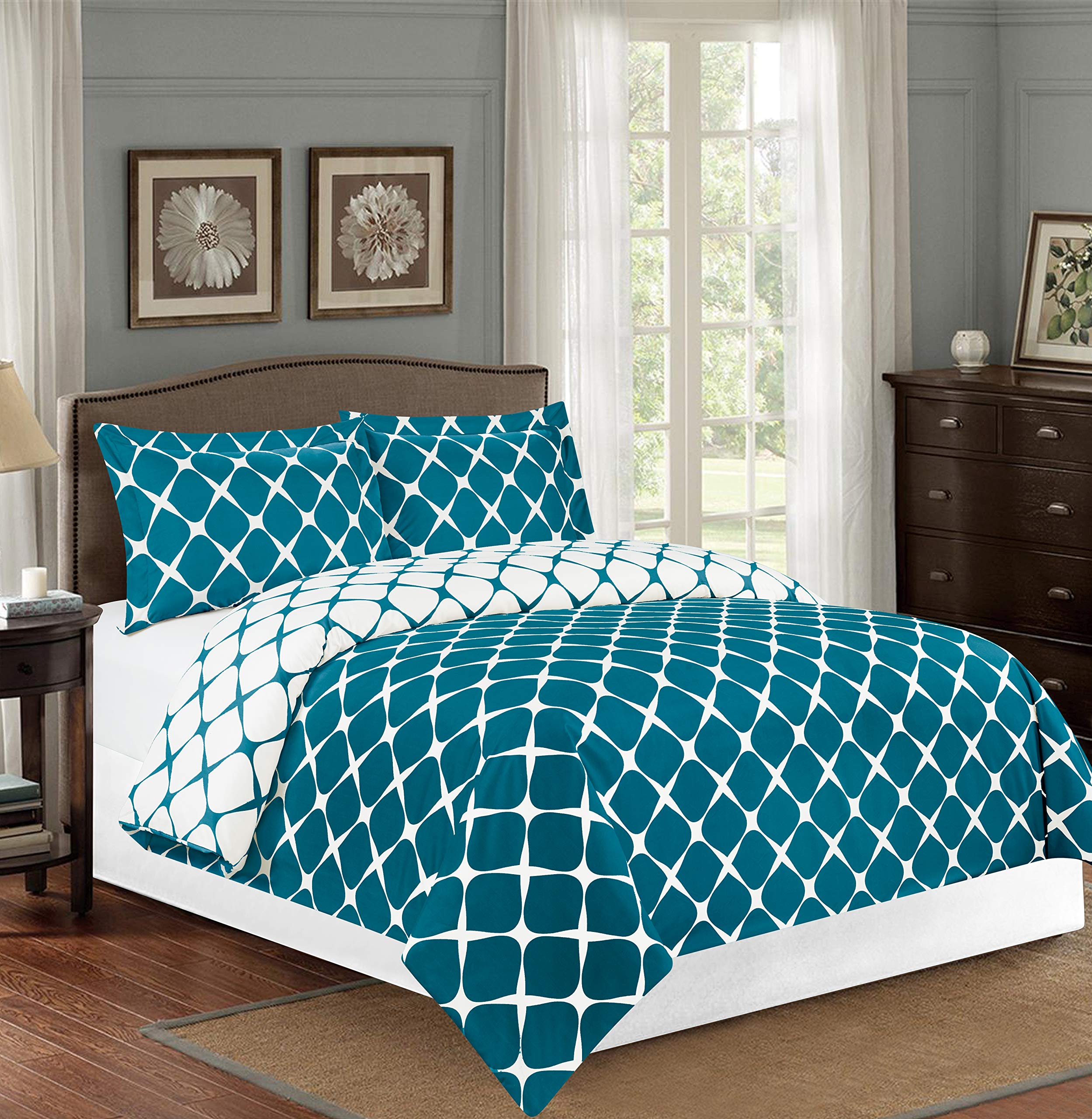 Elegant Comfort Luxury 3-Piece Reversible Duvet Cover Set - 1500 Premium Hotel Quality Microfiber Bloomingdale Pattern - Comforter Cover with Button Closure and Shams, King/Cali King, Teal