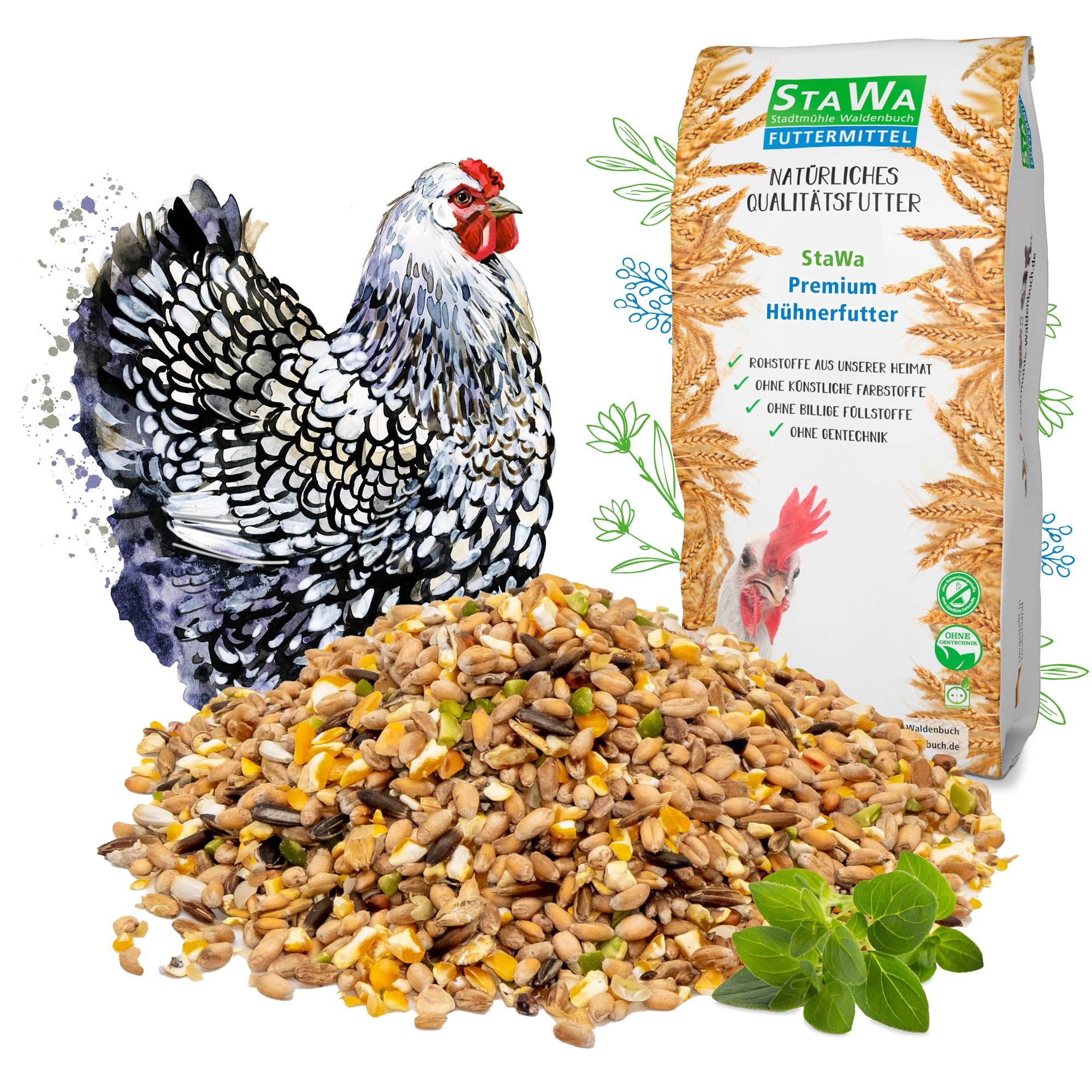 StaWa Premium Hühnerfutter, Geflügelkörnerfutter, ohne Gentechnik, mit Oregano-Öl und Pfefferminz-Öl, 25 kg