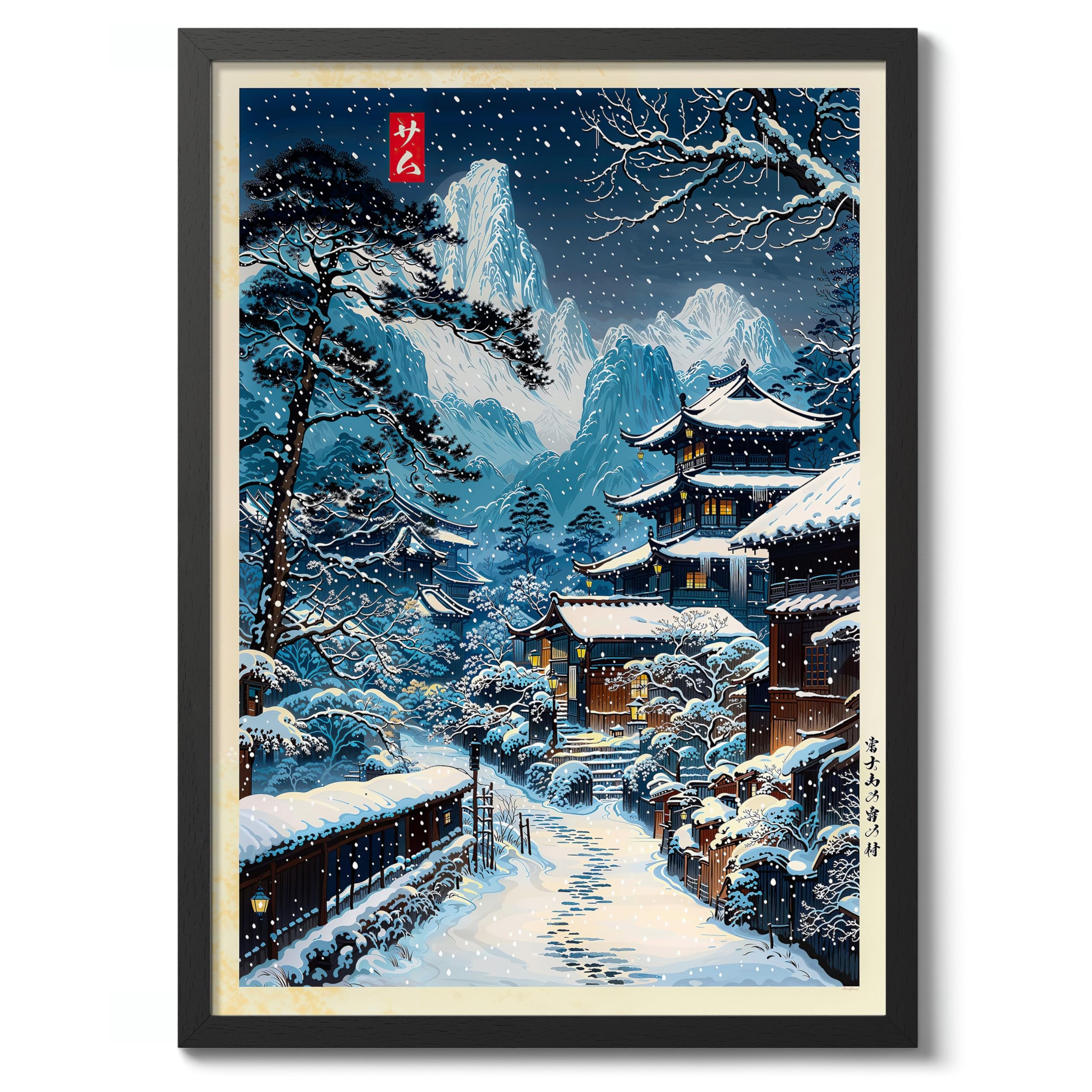 Snowy Village Anime Woodblock Poster Modern Ukiyo-E, Japanese Cartoon Illustration Print, Archival Matte, A1 (Black Frame) - 84.1x59.4cm